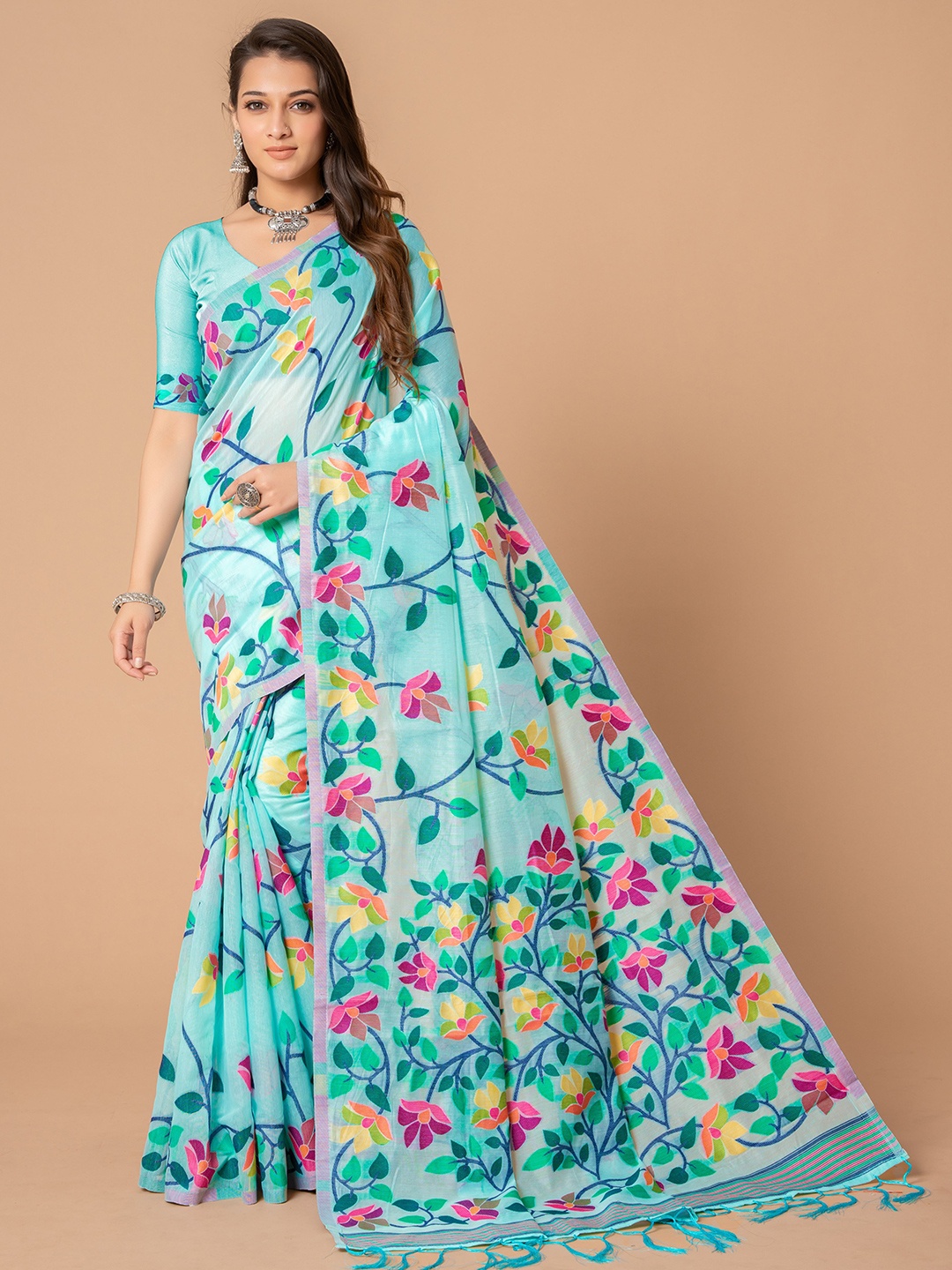 

HEER FASHION Woven Design Pure Cotton Jamdani Saree, Blue