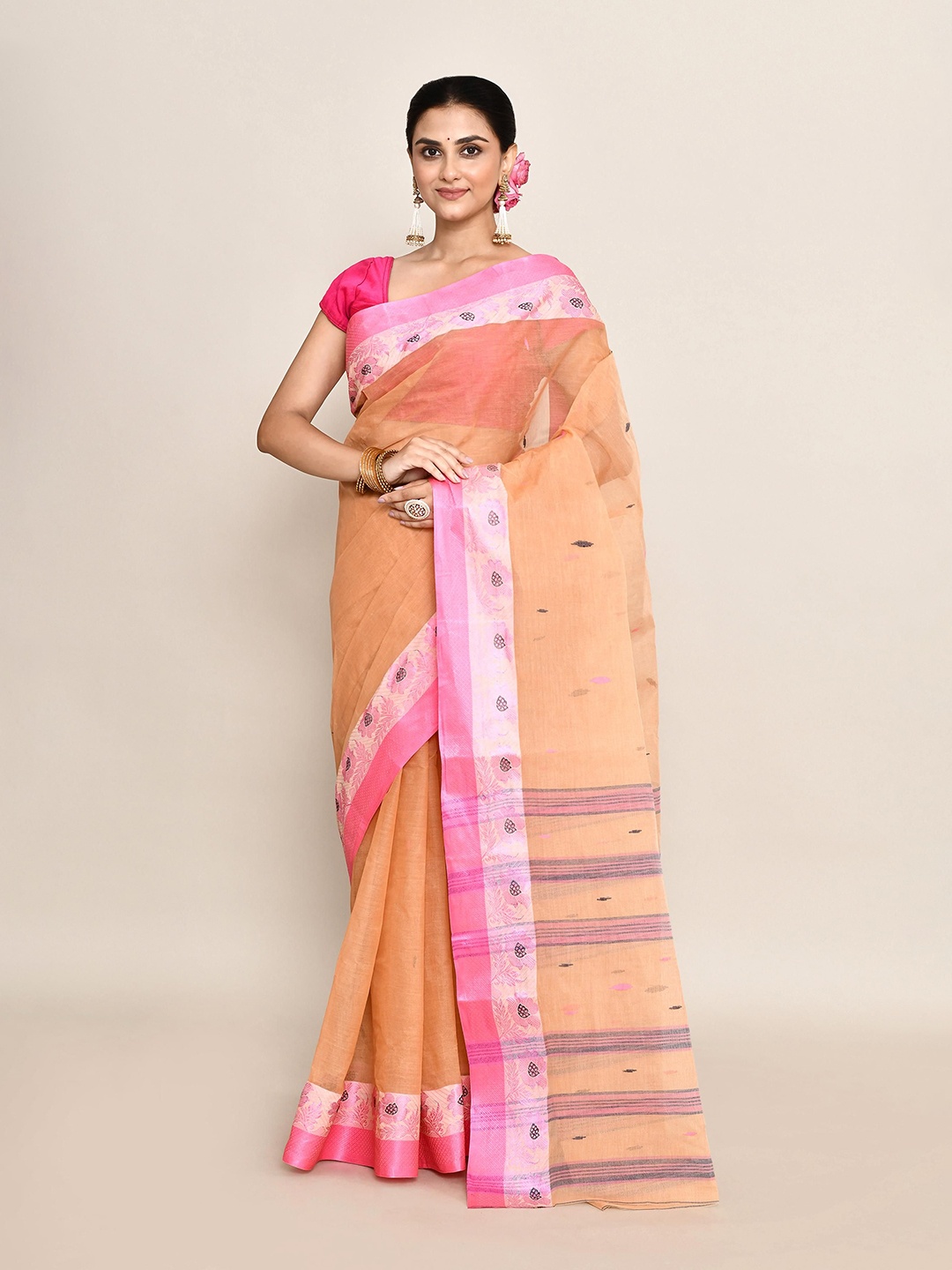 

PUKU Woven Design Pure Cotton Taant Saree, Peach