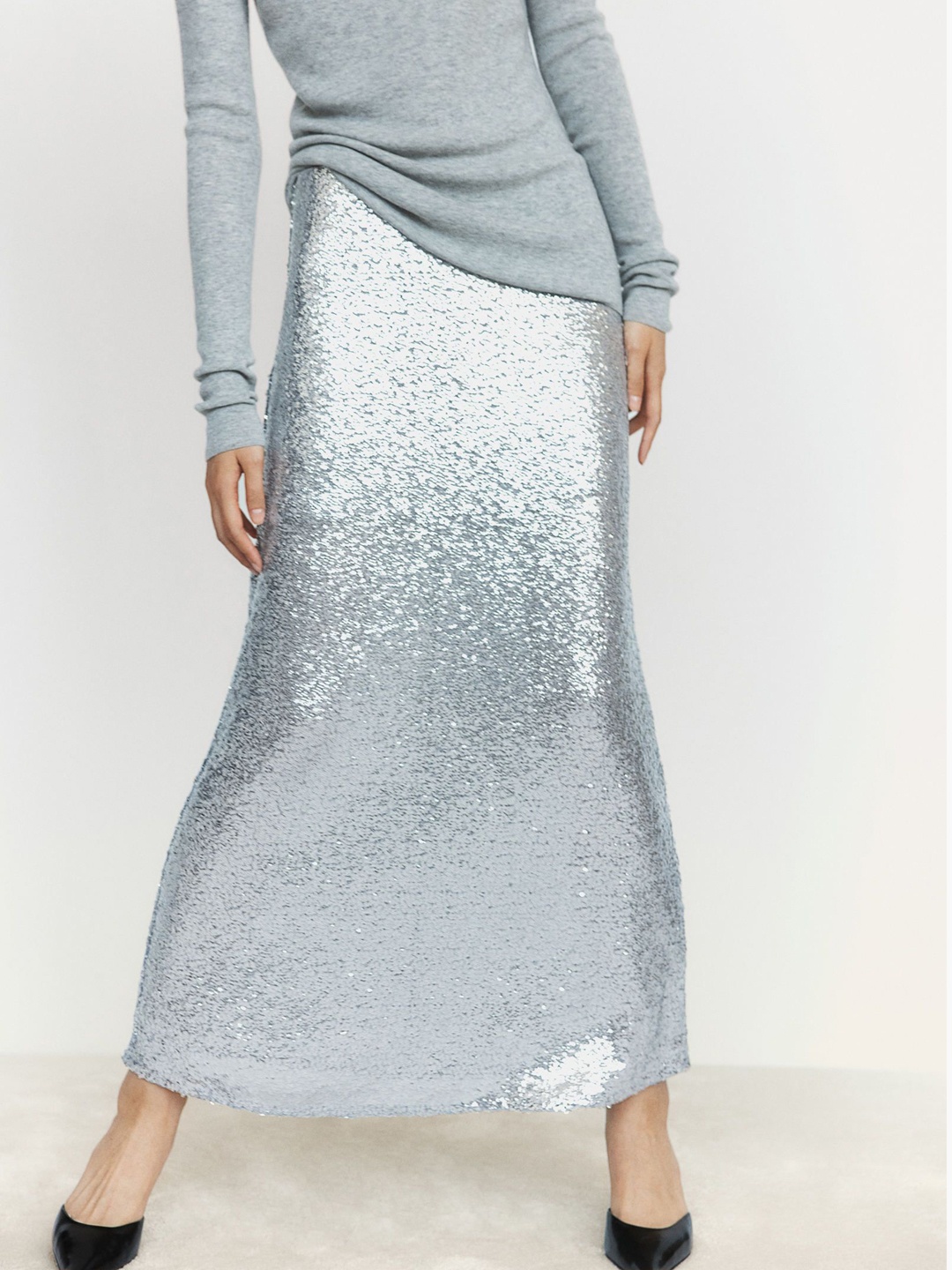 

H&M Women Sequined Maxi Skirt, Silver