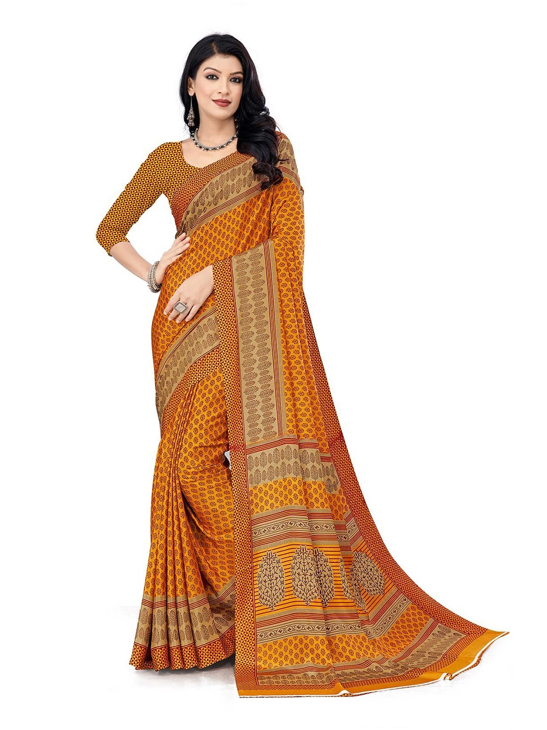 

Navvi Ethnic Motifs Printed Saree With Blouse Piece, Mustard