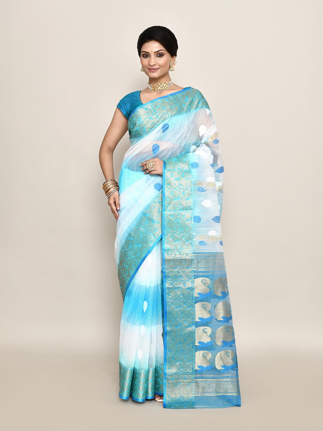 

PUKU Ethnic Motifs Woven Design Handloom Taant Saree, Turquoise blue