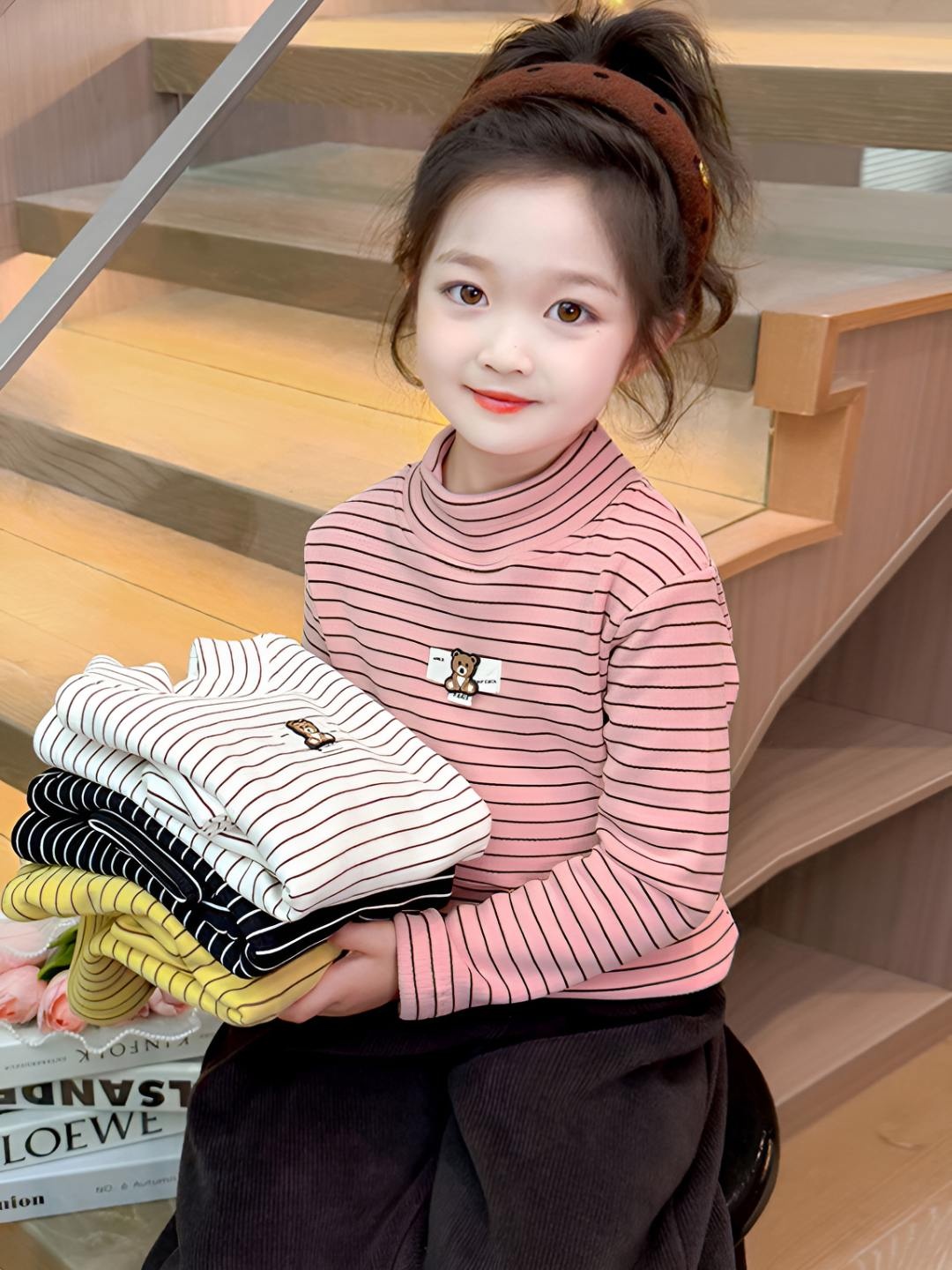 

LULU & SKY Girls Striped High Neck Cotton T-shirt, Pink