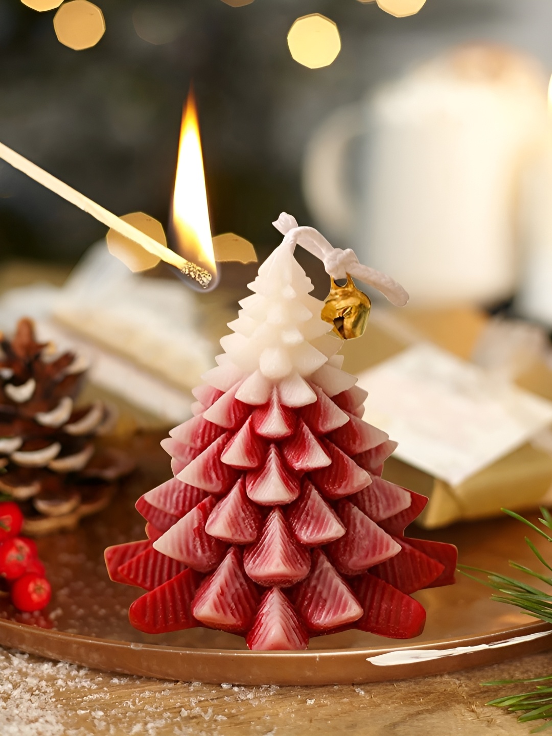 

Aromatic Fables Maroon & White Honey Scented Christmas Tree Pillar Candle