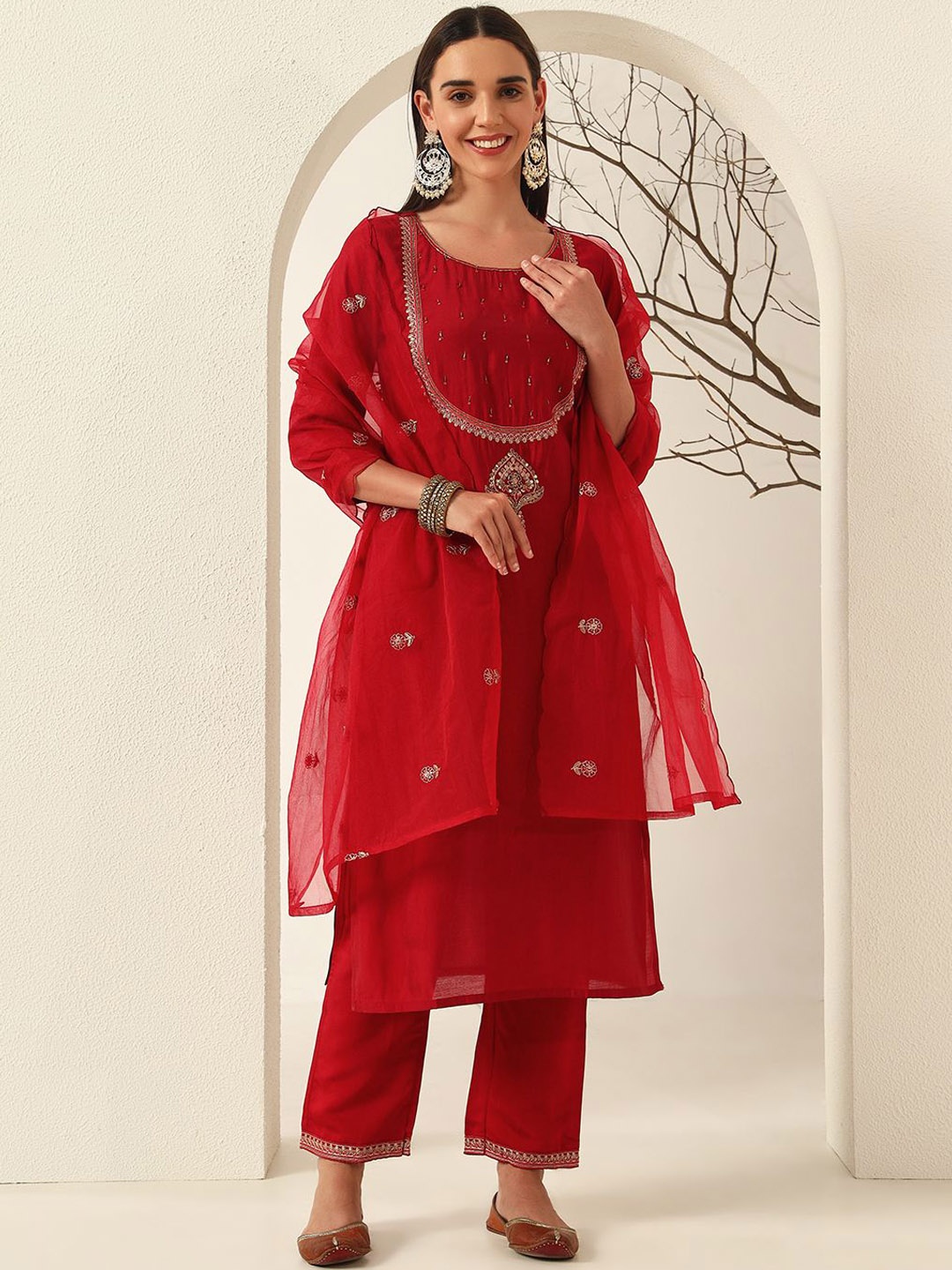 

Anouk Red Floral Yoke Design Chanderi Silk Straight Kurta with Trousers & Dupatta