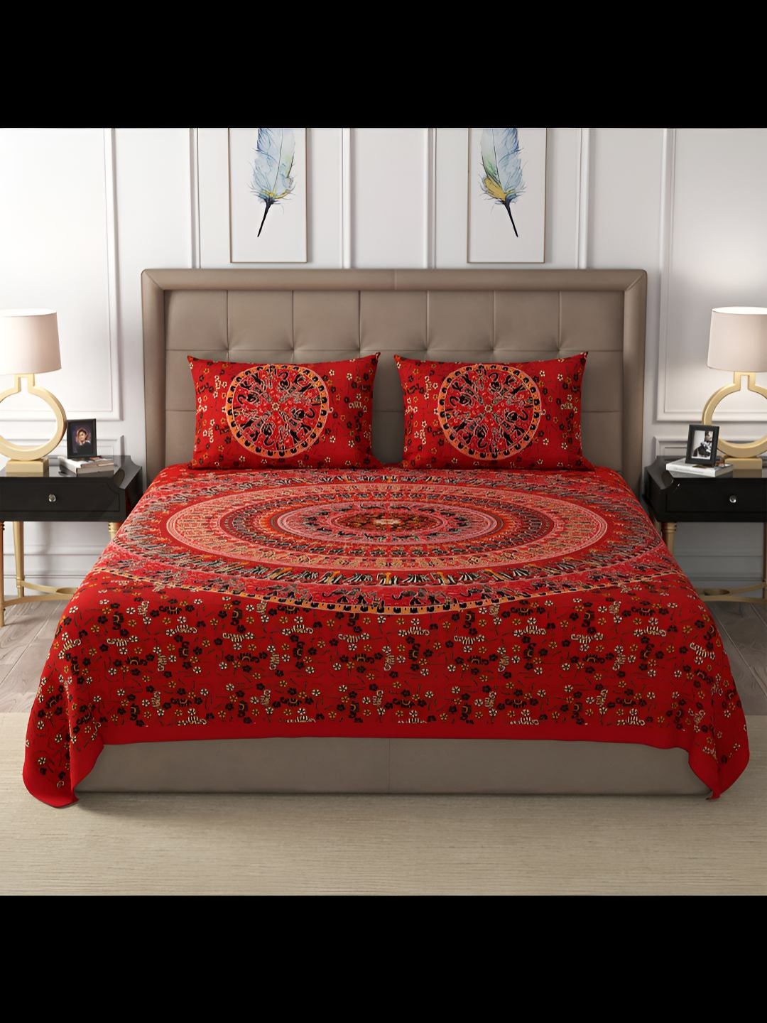 

BED-SHEET.COM Red & Blue Ethnic Motifs 180 TC Cotton King Bedsheet Set- 2.74 m X 2.24 m