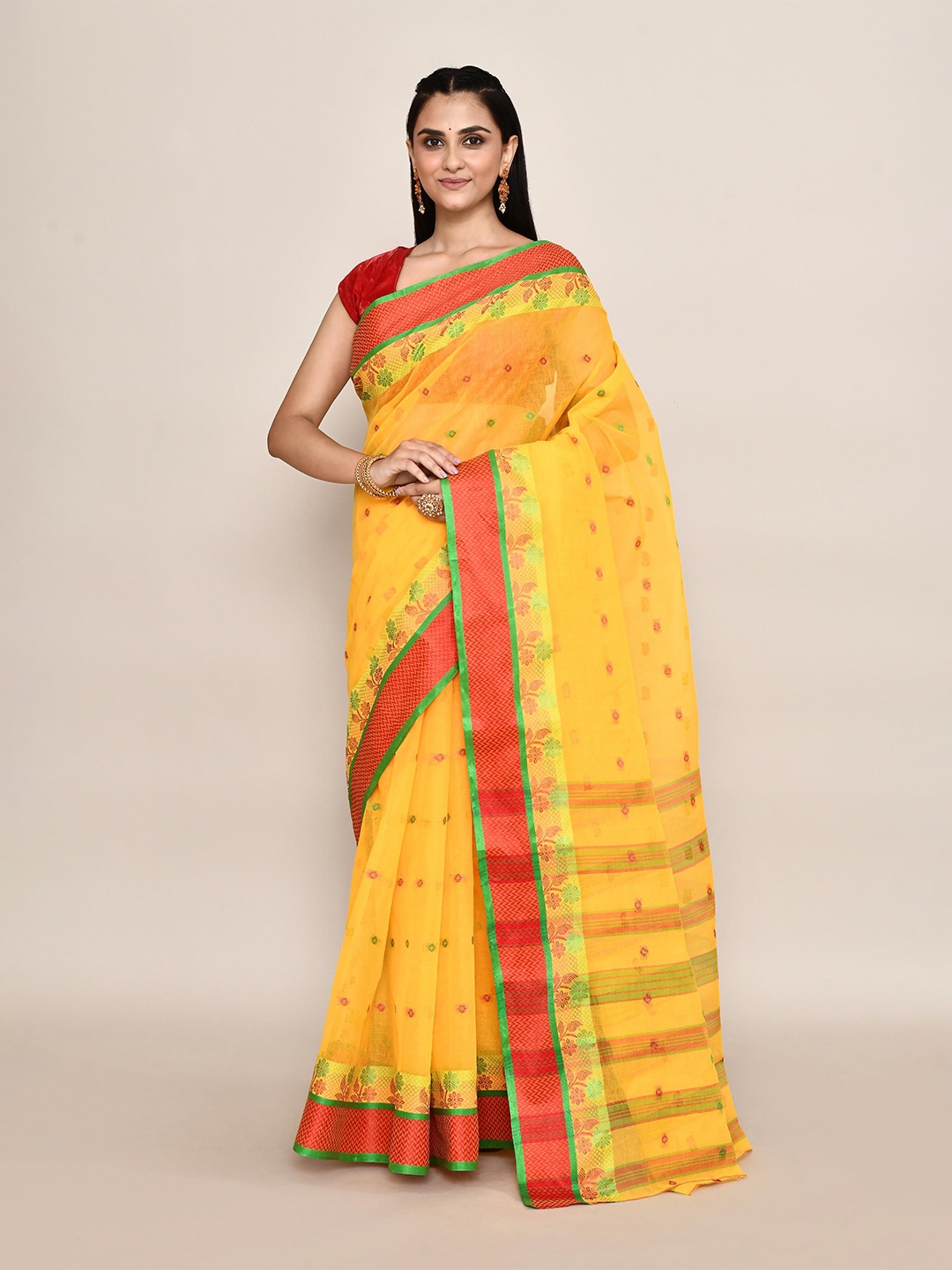 

PUKU Ethnic Motifs Pure Cotton Taant Saree, Yellow