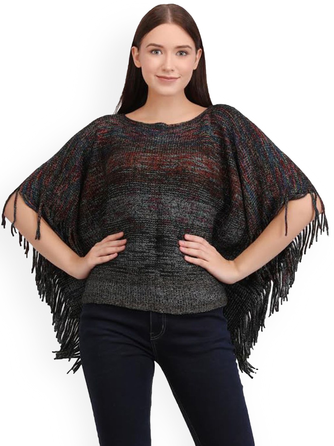 

Bold N Elegant Women Round Neck Tassel Poncho Sweater, Black