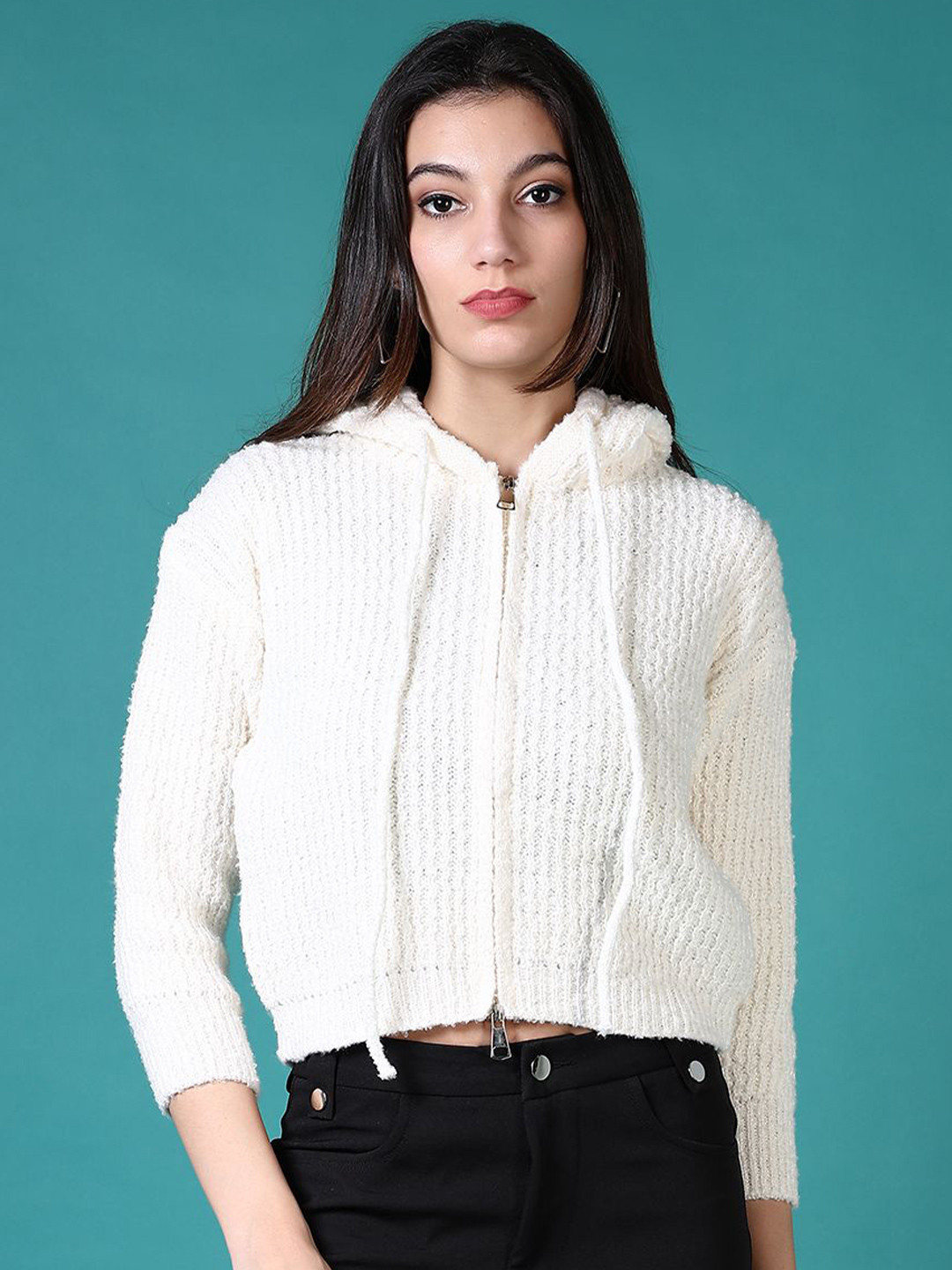 

V-Mart Women Cable Knit Front-Open Hooded Sweaters, Off white