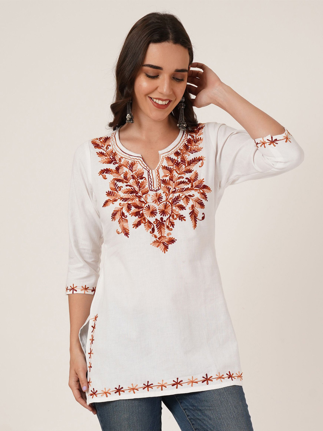 

Brownverse Women Floral Embroidered Cotton Round Neck Three-Quarter Sleeves Top, White