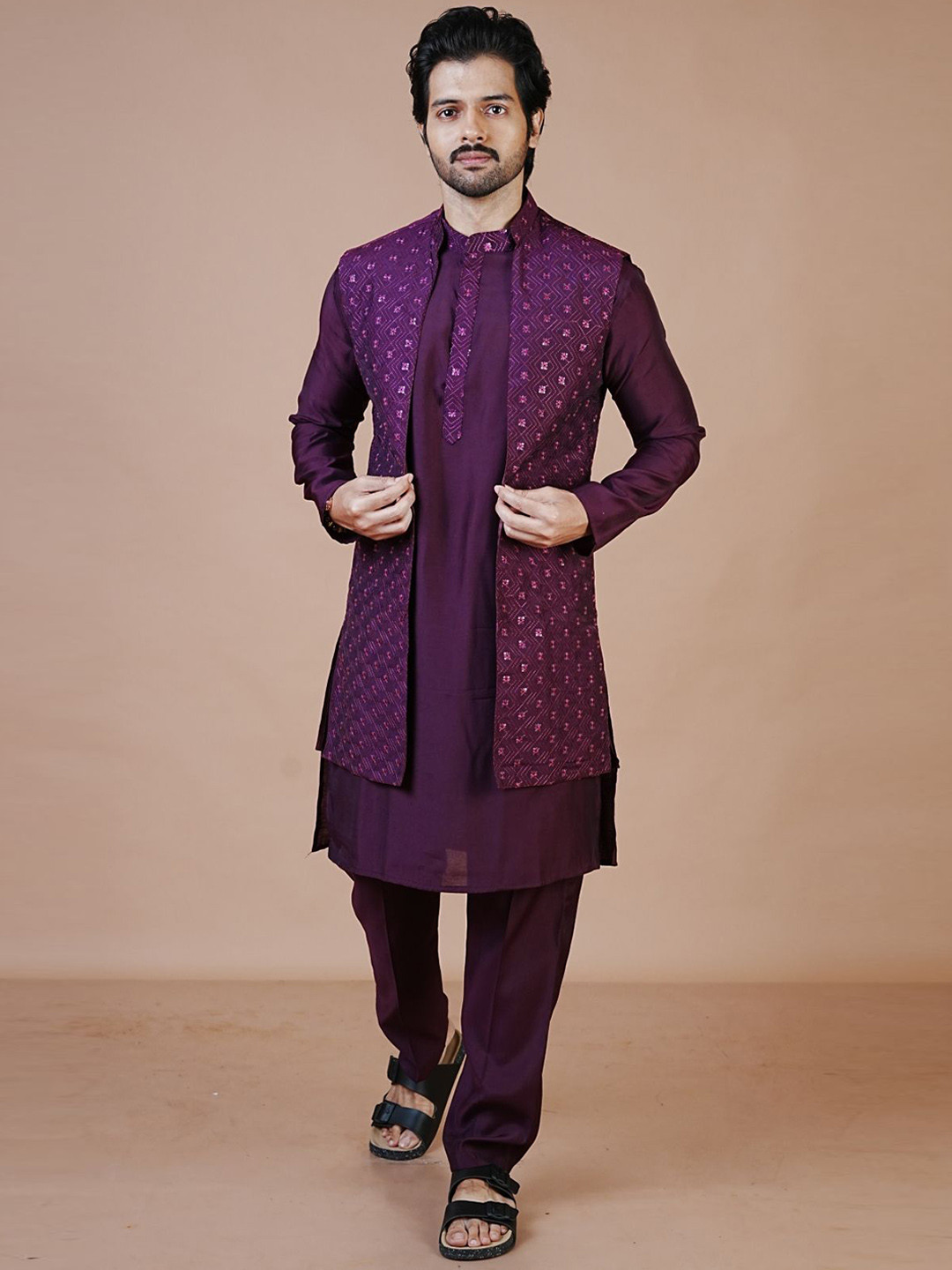 

ARYA Mandarin Collar Regular Sequinned Dupion Silk Kurta With Jacket With Trouser, Purple