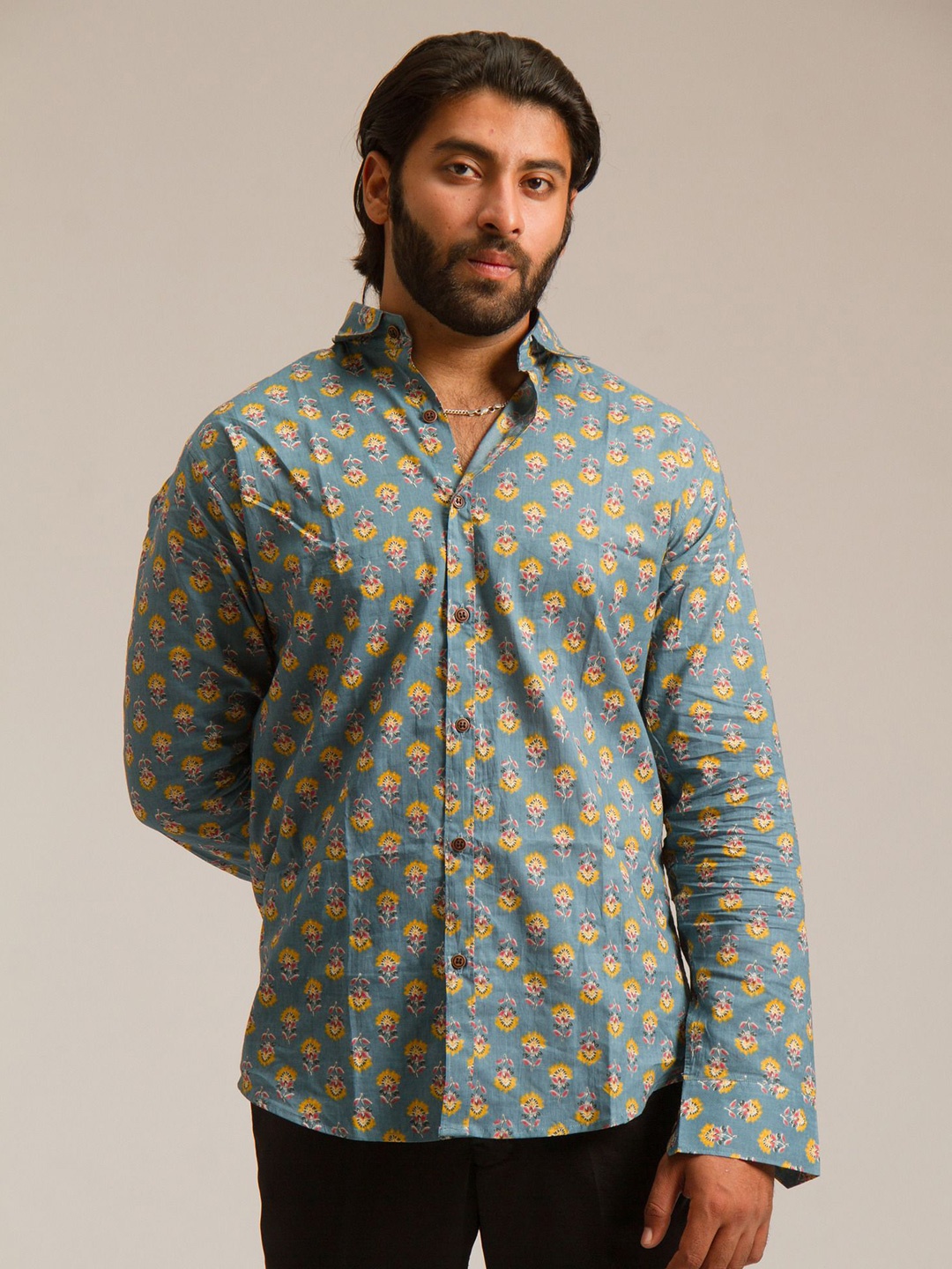 

Bhanwar Jaipur Men Classic Floral Opaque Printed Party Shirt, Sea green