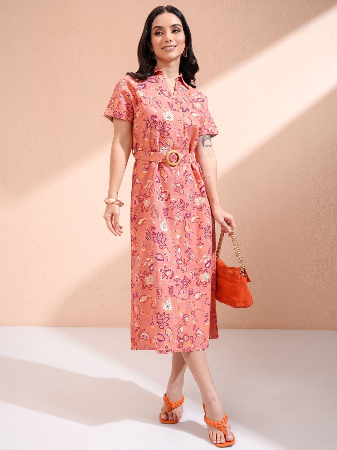 

ESPYR By Tokyo Talkies Floral Printed Belted Shirt Midi Dress, Peach