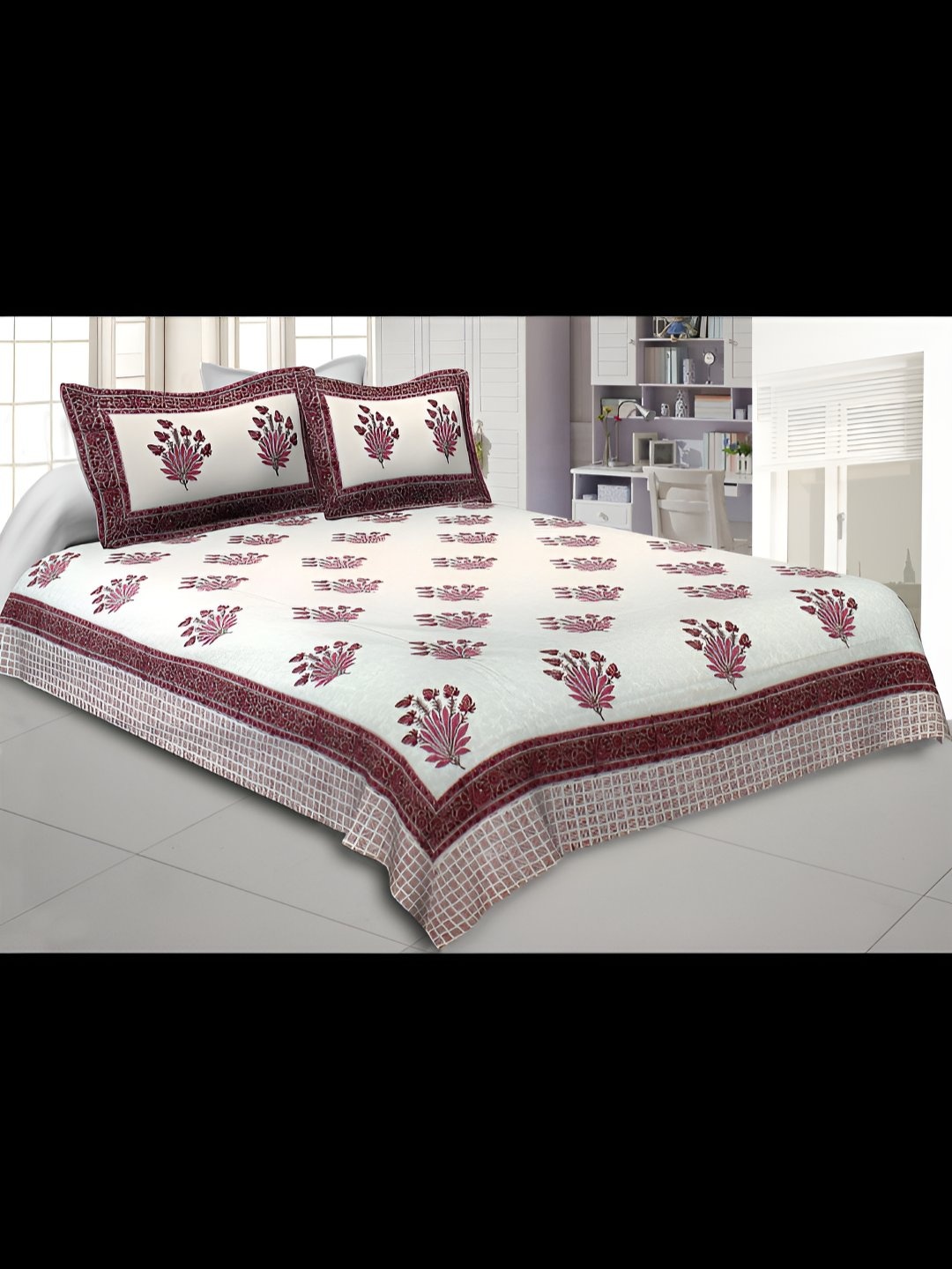 

BED-SHEET.COM Pink & White Ethnic Motifs King Bedsheet with 2 Pillow Covers