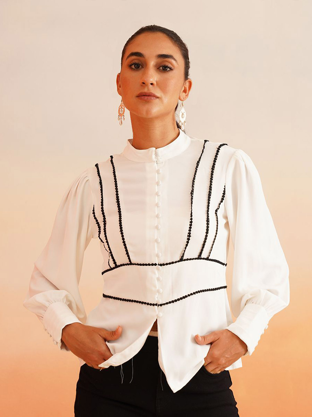 

Beatnik Women Mandarin Collar Crepe Top, White