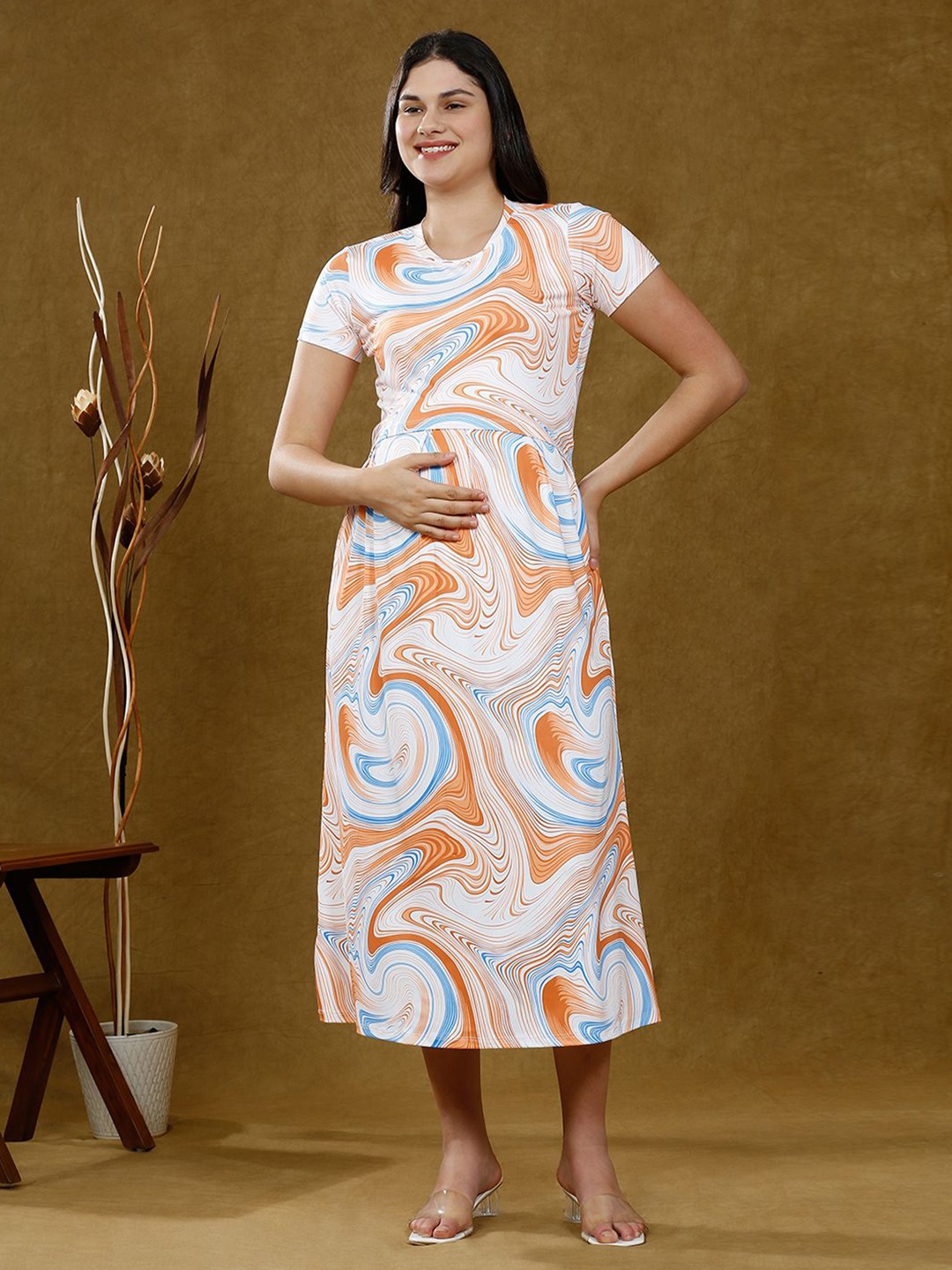 

True Shape Women Printed Round Neck Maternity Fit & Flare Midi Dress, Orange