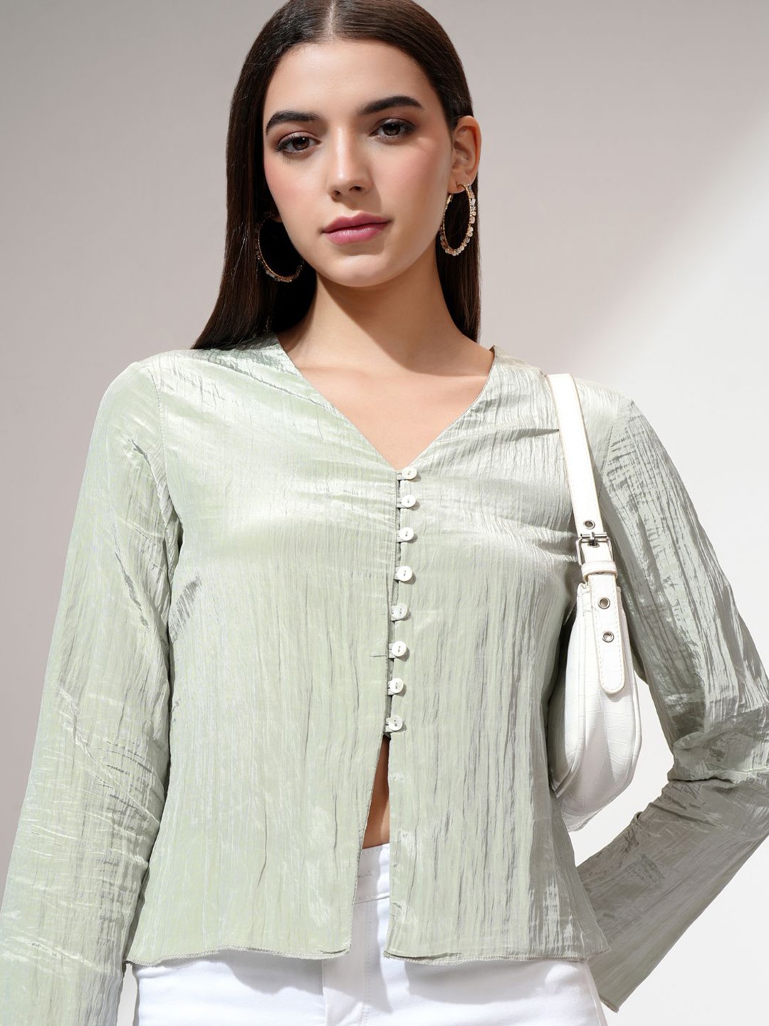 

ESPYR By Tokyo Talkies Women Sheen Crinkle Shirt Style Top, Green