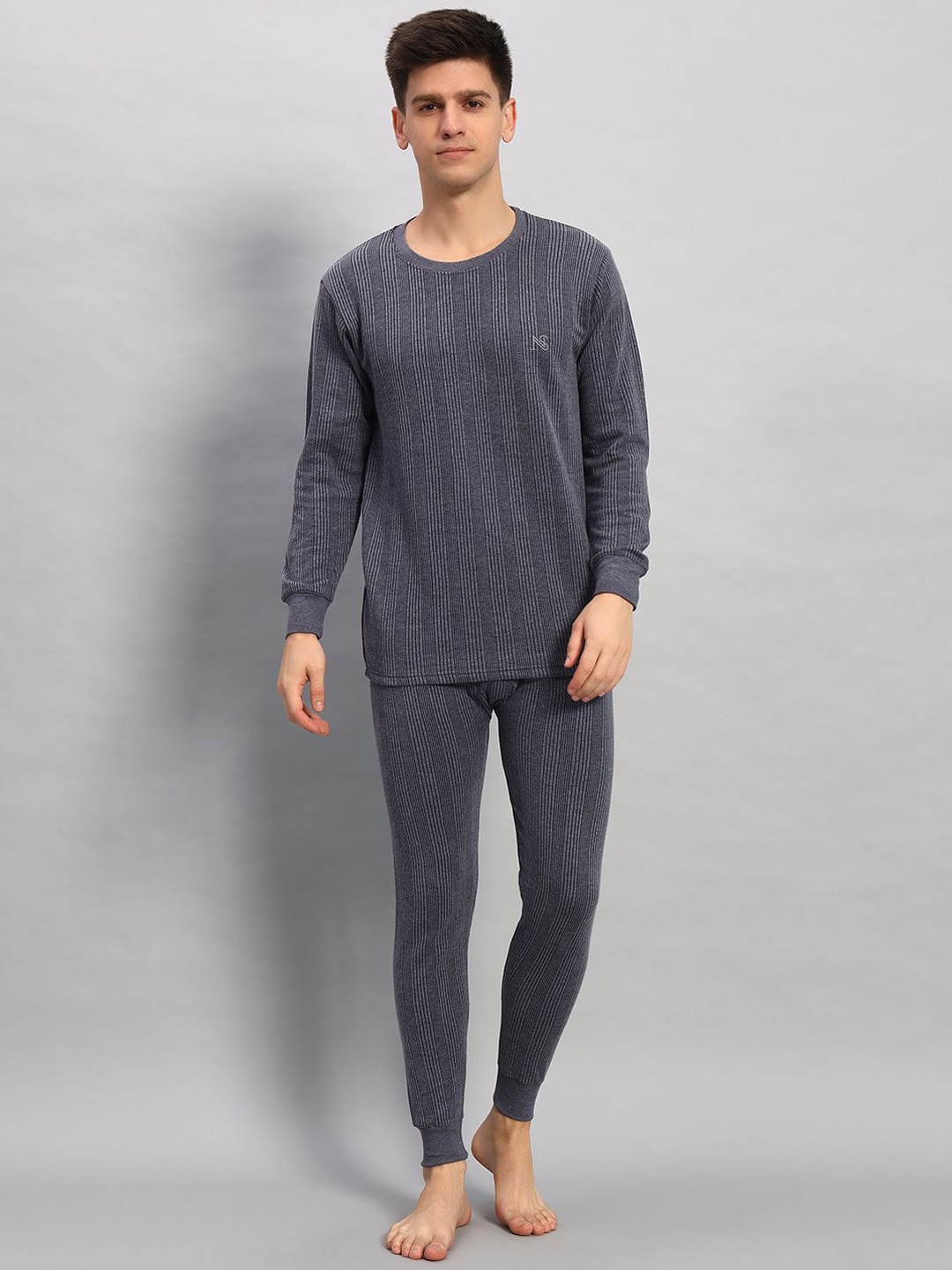

WILD WEST Men Striped Round Neck Thermal Set, Grey