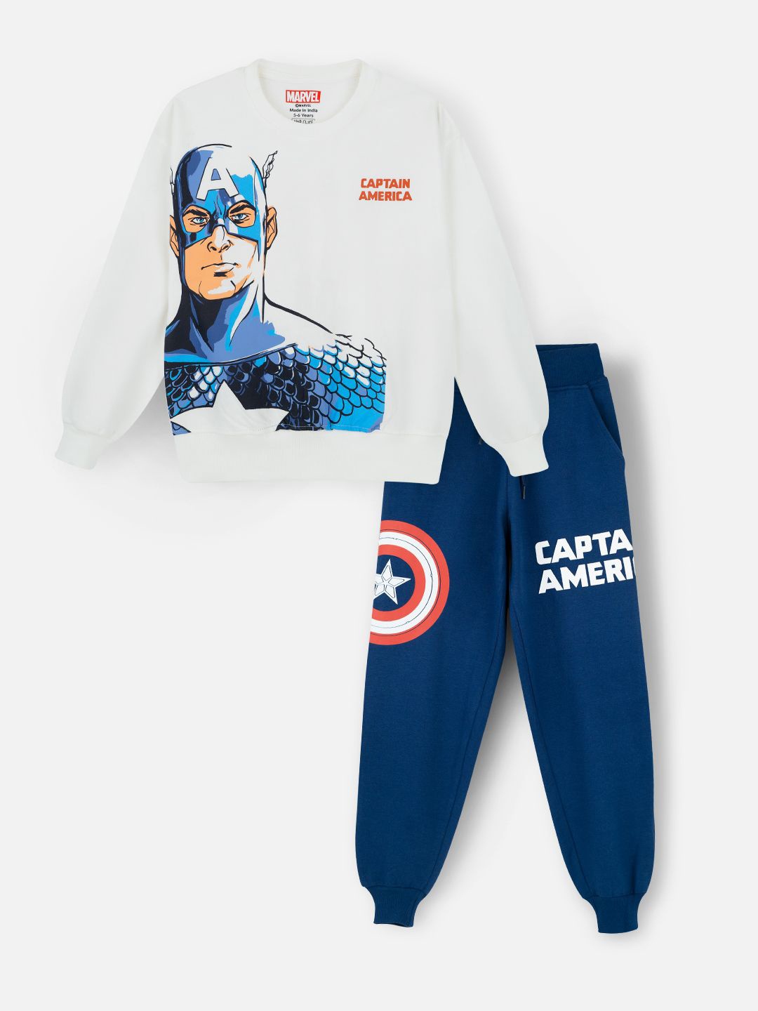 

Nap Chief Kids Unisex Captain America Printed Pure Cotton Oversized Sweatshirt & Joggers, Off white