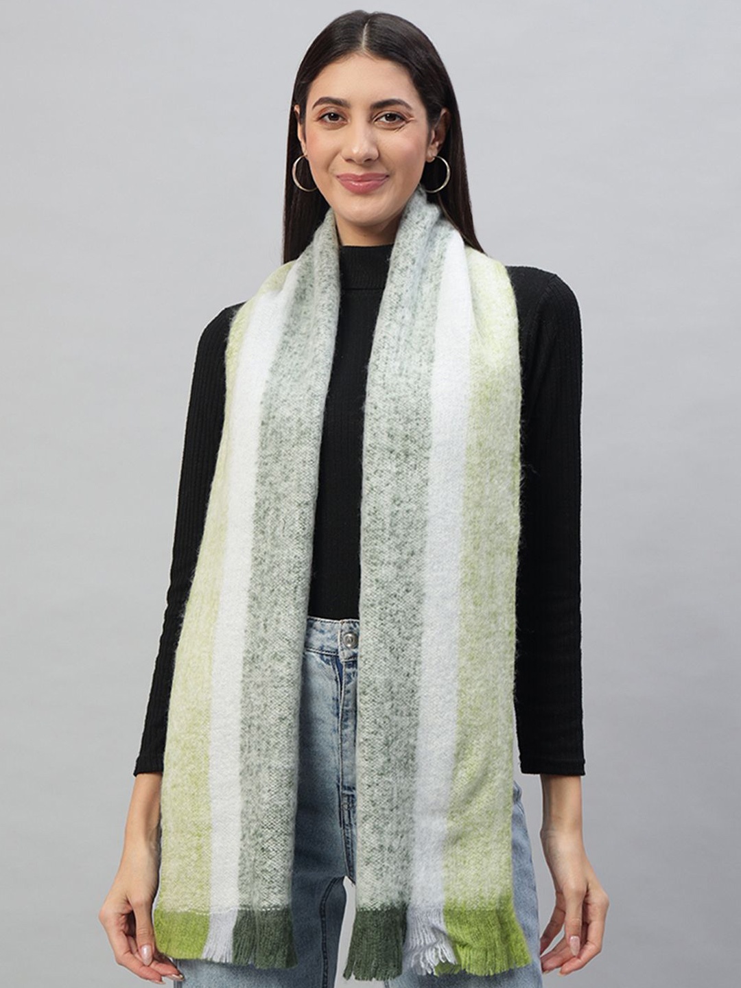 

HANDICRAFT PALACE Women Striped Woolen Scarf, Green