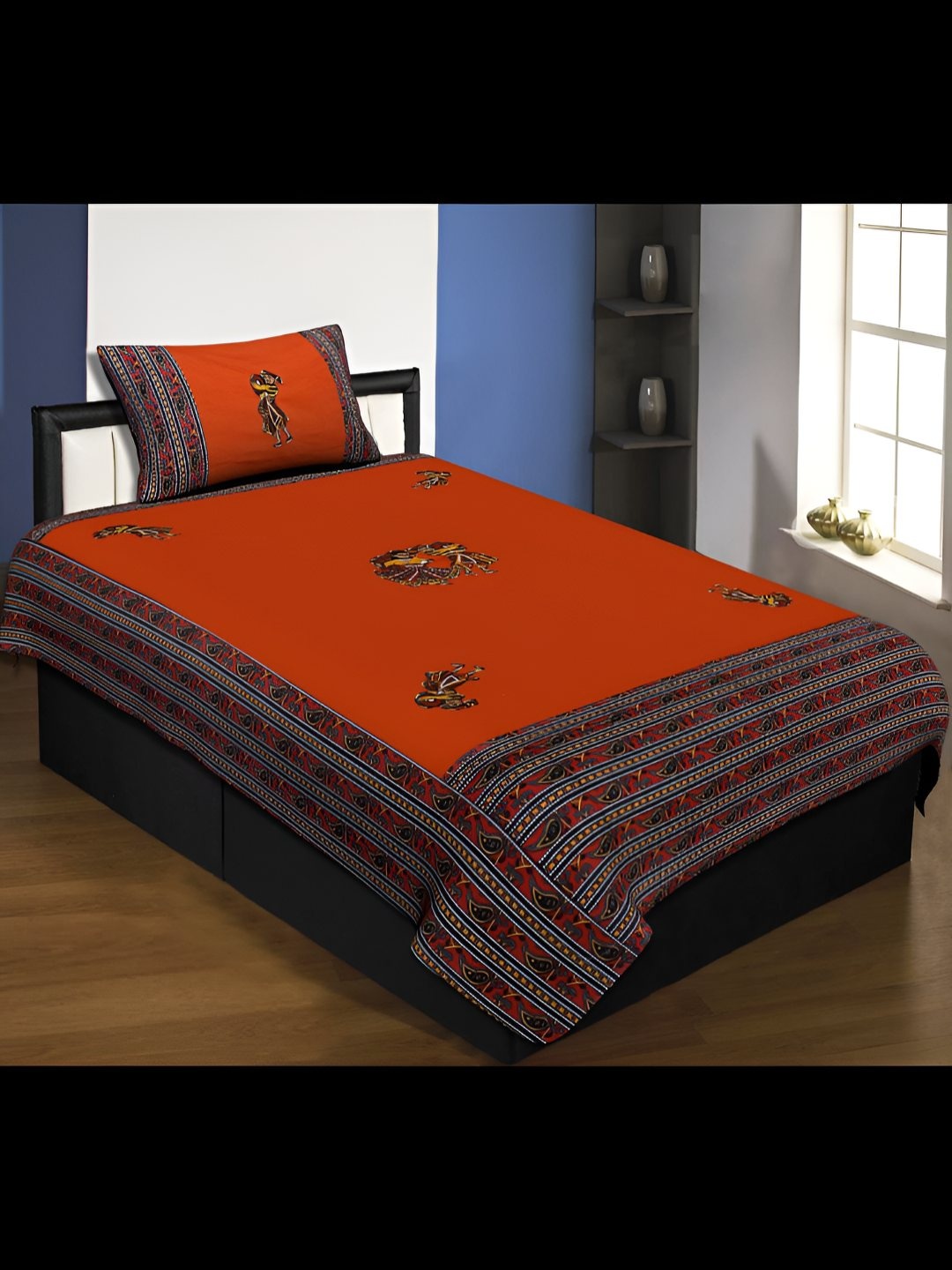 

BED-SHEET.COM Orange & Black Ethnic Motifs Single Bedsheet with 1 Pillow Covers