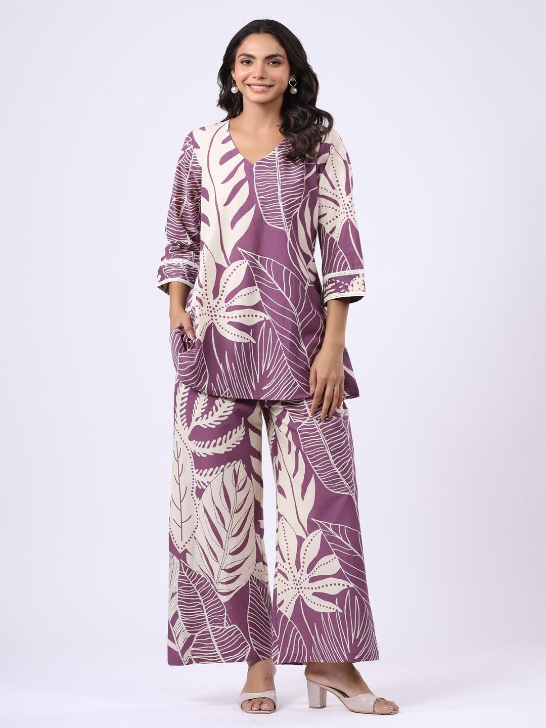 

JISORA Floral Printed Pure Cotton Tunic With Palazzo, Purple