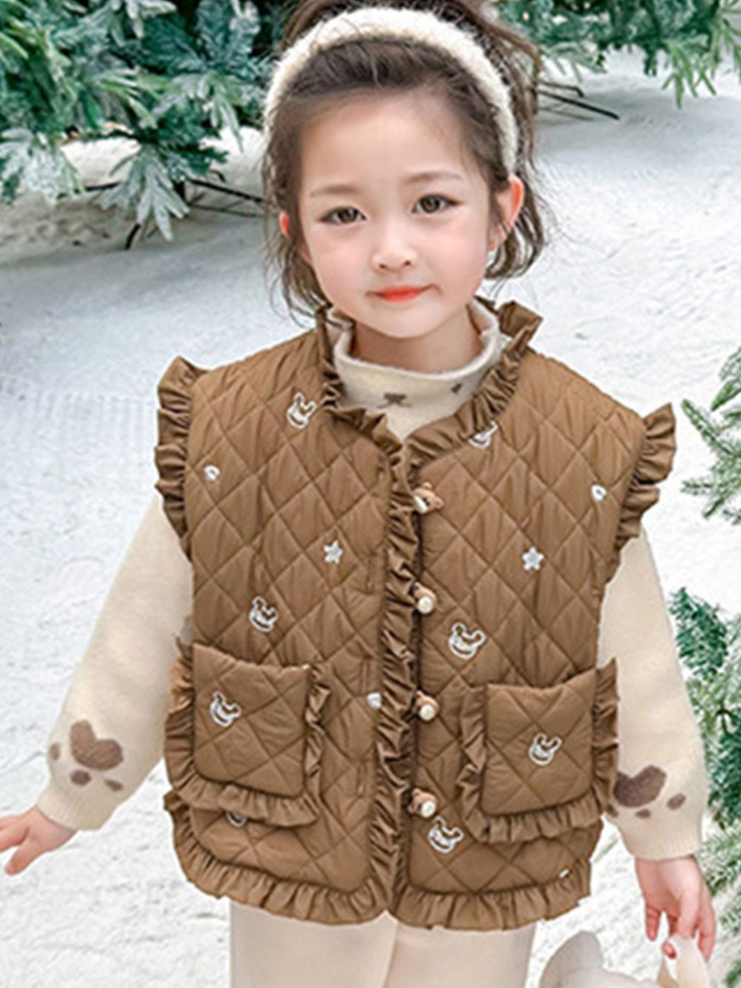 

LULU & SKY Girls Abstract Printed Sleeveless Quilted Jacket, Brown