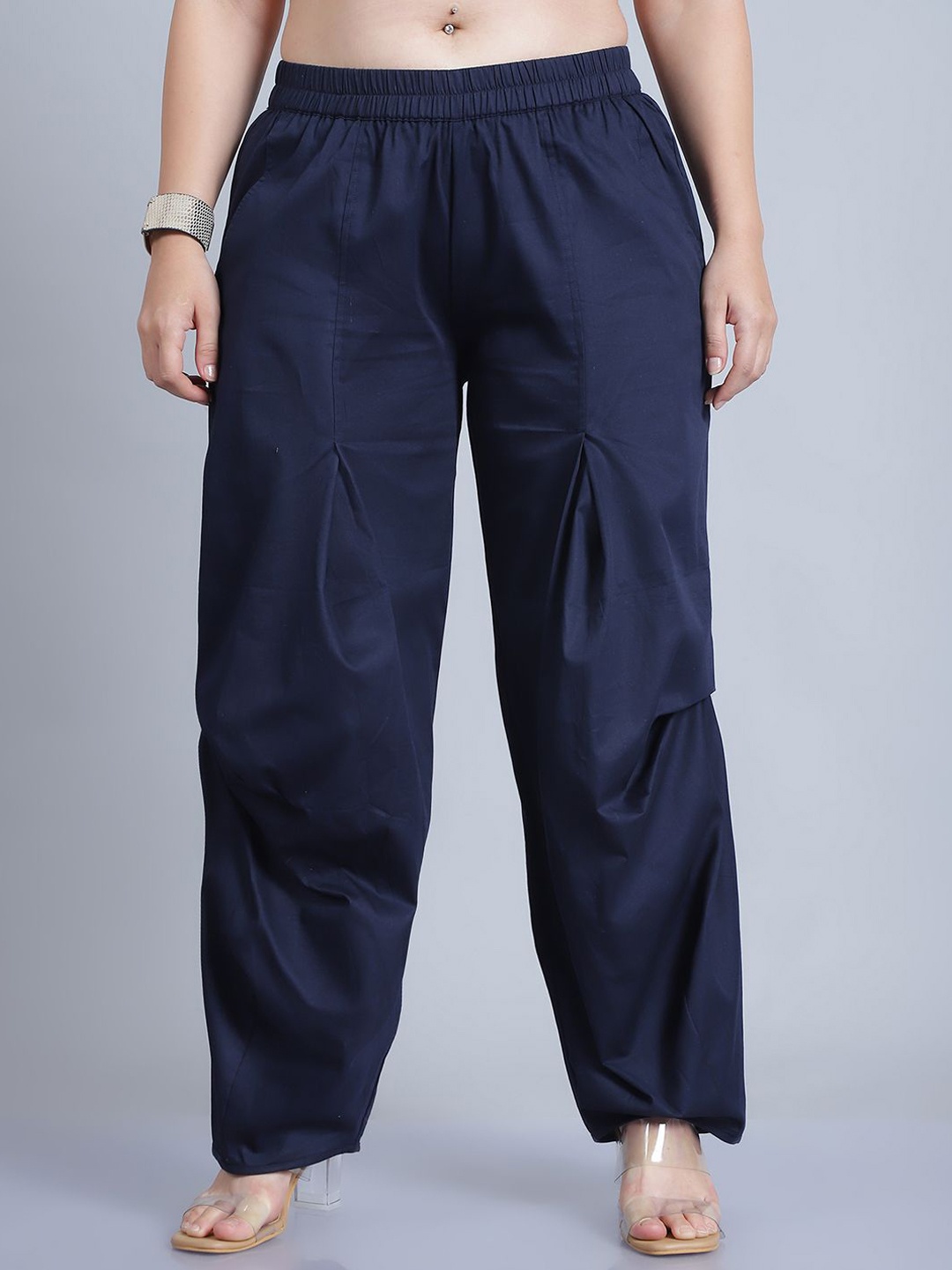 

Baawri Women Mid-Rise Pleated Cotton Trousers, Navy blue