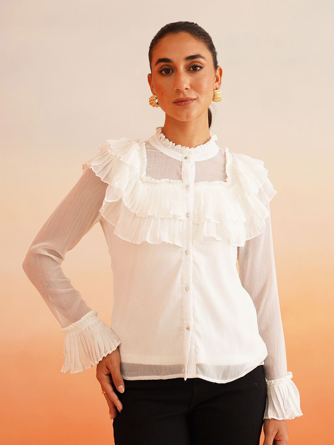 

Beatnik Mandarin Collar Flared Sleeve Cotton Chiffon Shirt Style Top, White