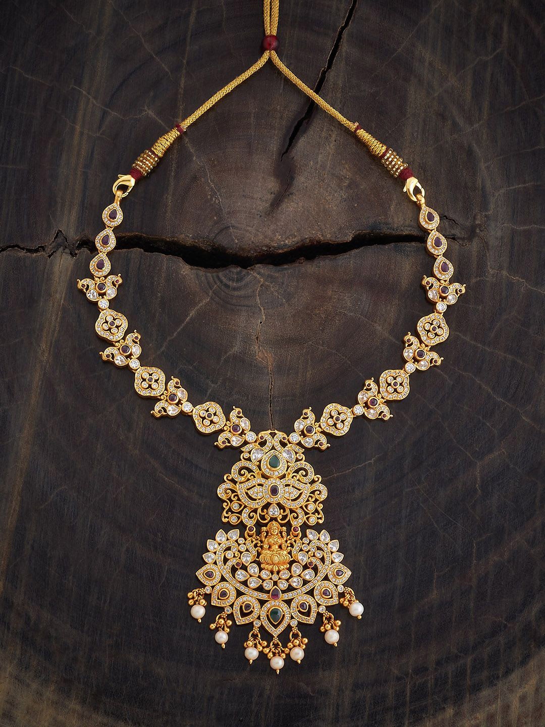 

Kushal's Fashion Jewellery 92.5 Pure Silver Gold-Plated Stone Studded Temple Necklace