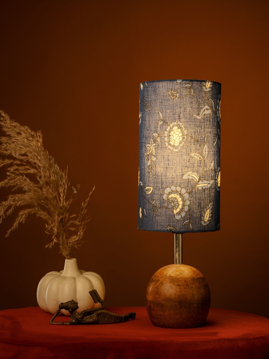 

green girgit Brown Printed Wood Cylindrical Shaped Table Lamp