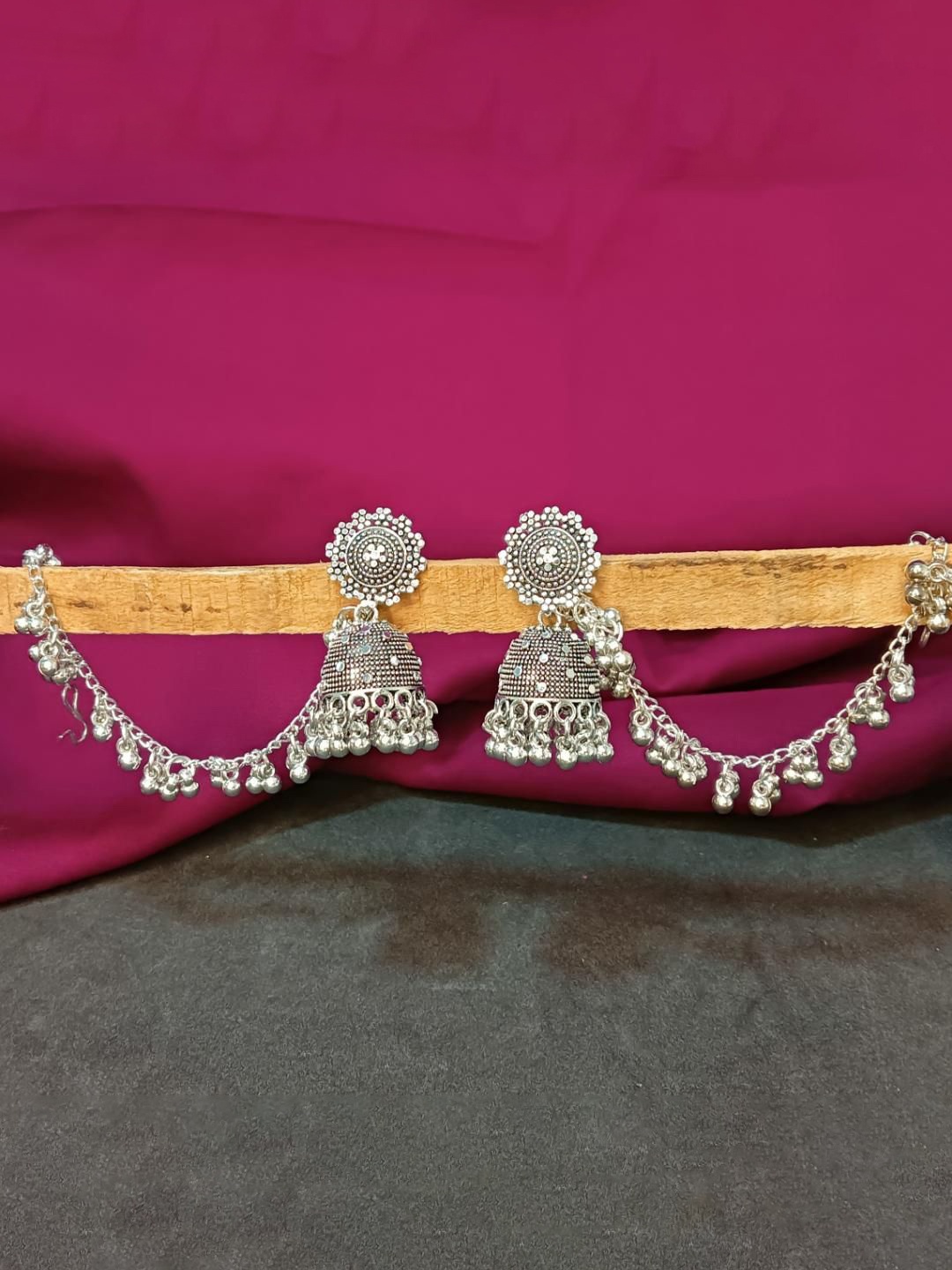 

Efulgenz Rhodium-Plated Dome Shaped Oxidized Jhumkas With Metal Ball Charms Hair Chain, Silver