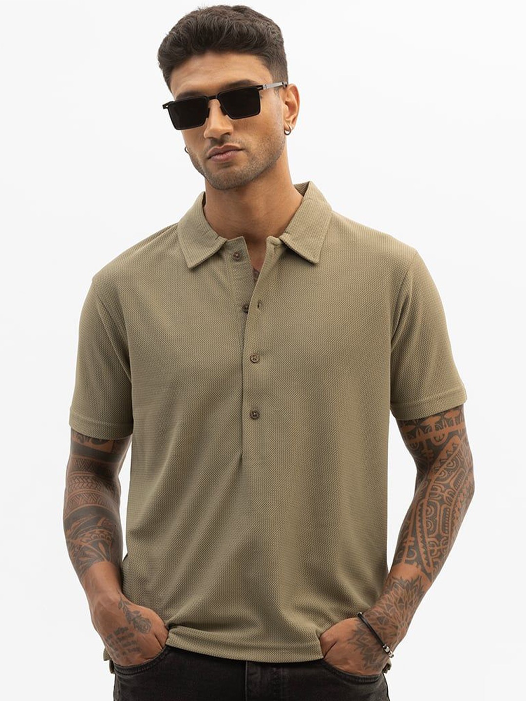 

Snitch Men Self Design Polo Collar Slim Fit T-shirt, Olive
