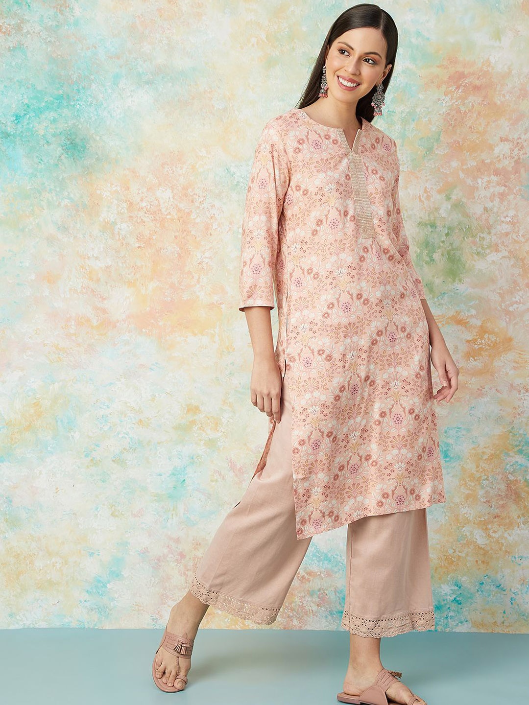 

Melange by Lifestyle Floral Printed Round Neck Three-Quarter Sleeves Sequin Work Kurta, Peach