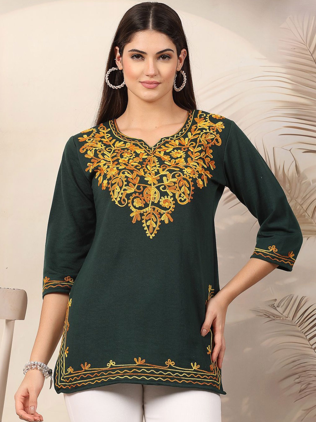 

Clora Creation Floral Embroidered Notch Neck Woolen Straight Kurta, Green