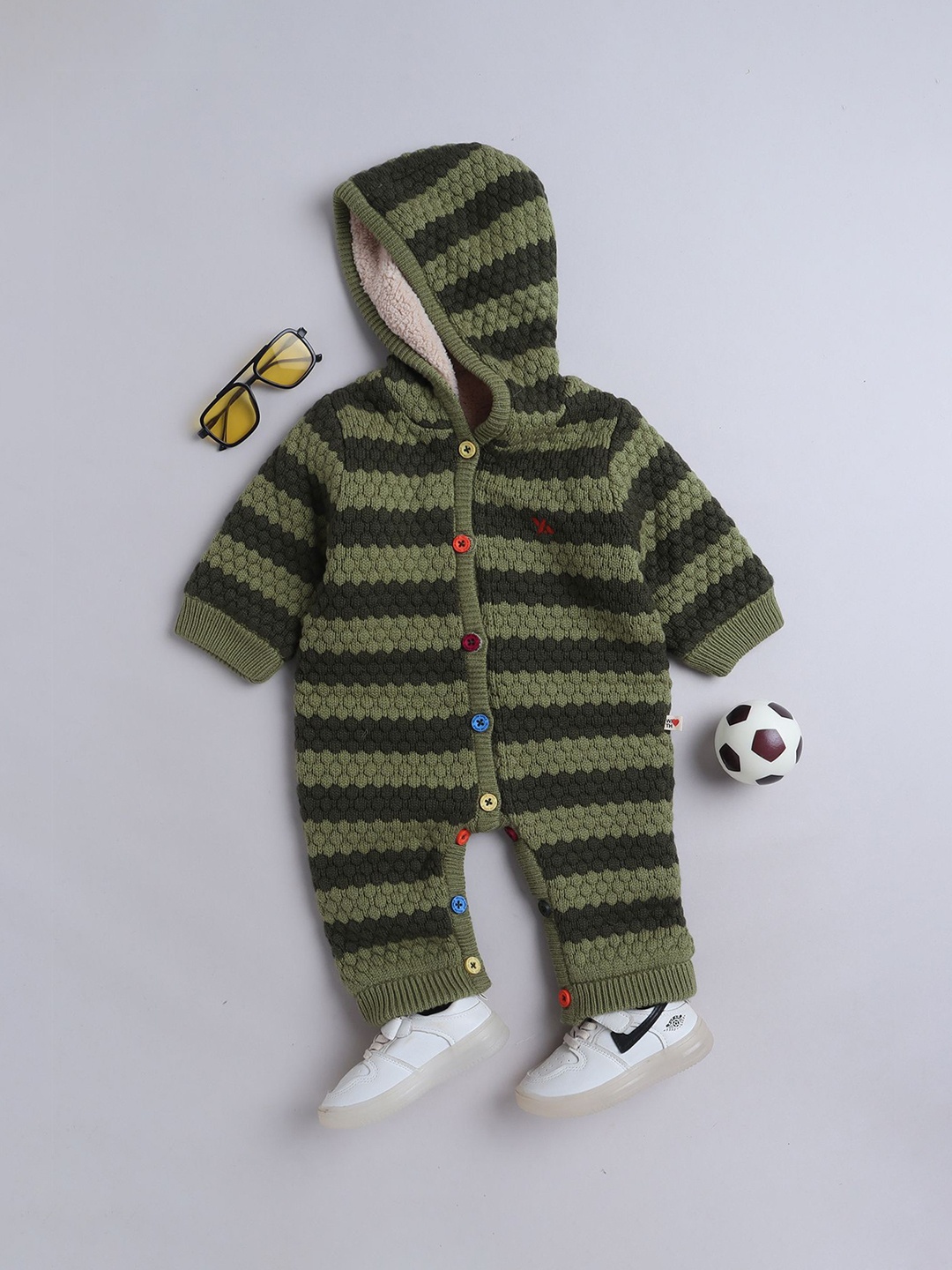 

Yellow Apple Kids Striped Hood Rompers, Green