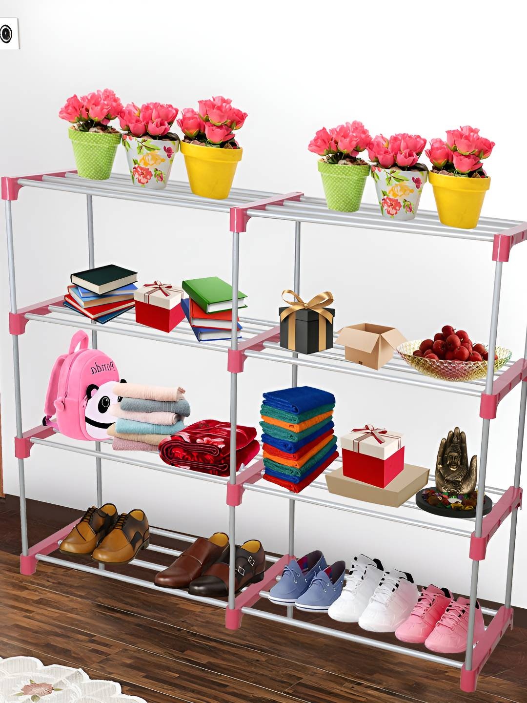 

Decent Hut Pink & Silver Toned Stainless Steel Foldable 8 Shelves Shoe Rack