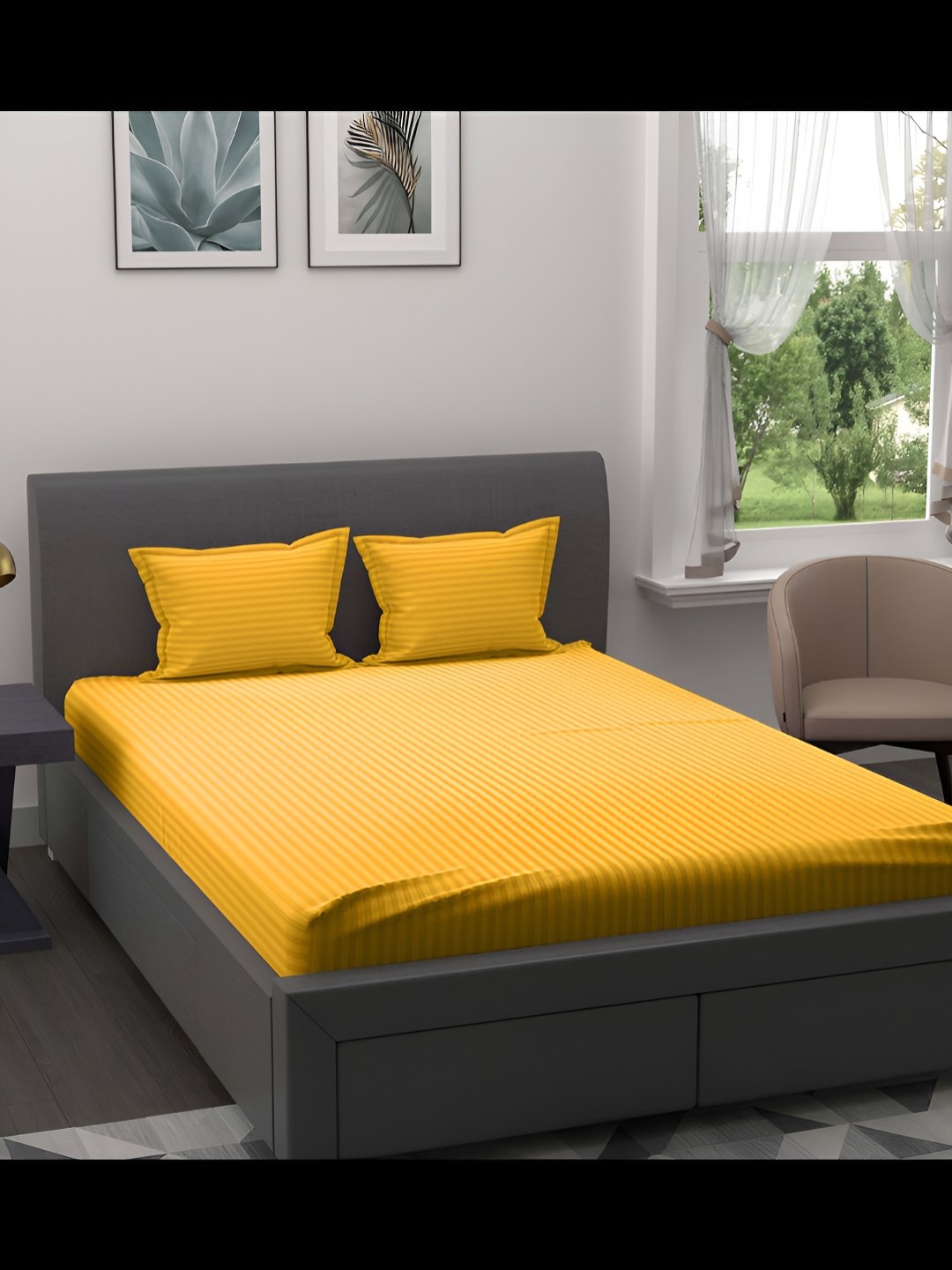 

BED-SHEET.COM Yellow Striped Satin 180 TC King Bedsheet Set 2.74 m x 2.24 m