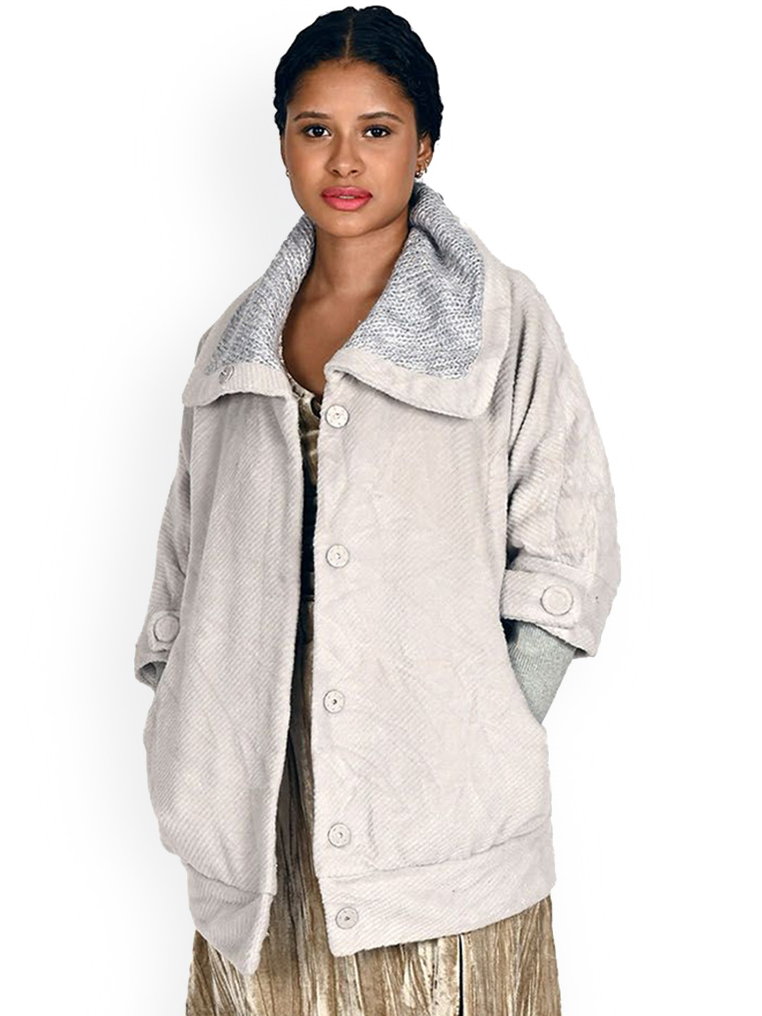 

ODETTE Women Woollen Longline Denim Jacket with Embroidered, Grey