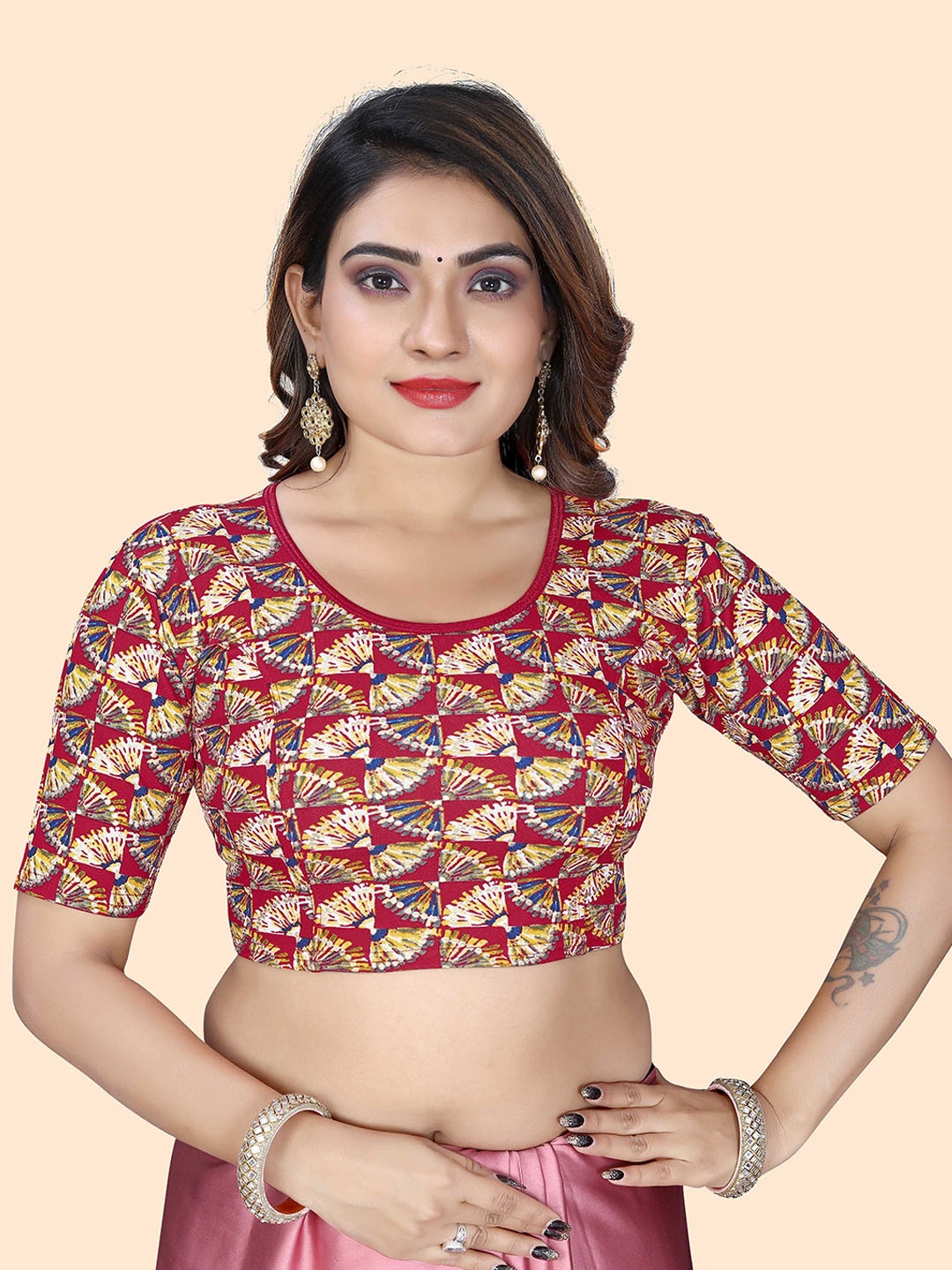 

SHREEJI DESIGNER Women Printed Round Neck Slip-On Stretchable Saree Blouse, Maroon