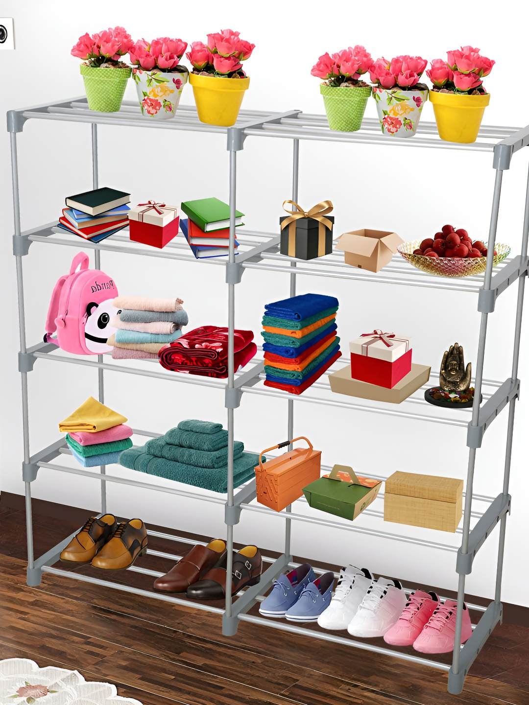 

Decent Hut Grey & Silver Toned Stainless Steel Foldable 4 Shelves Shoe Rack