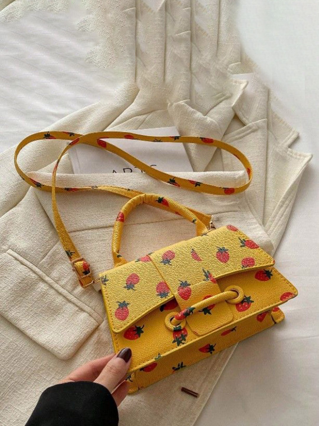 

StyleCast Printed Bucket Handheld Bag with Fringed, Yellow