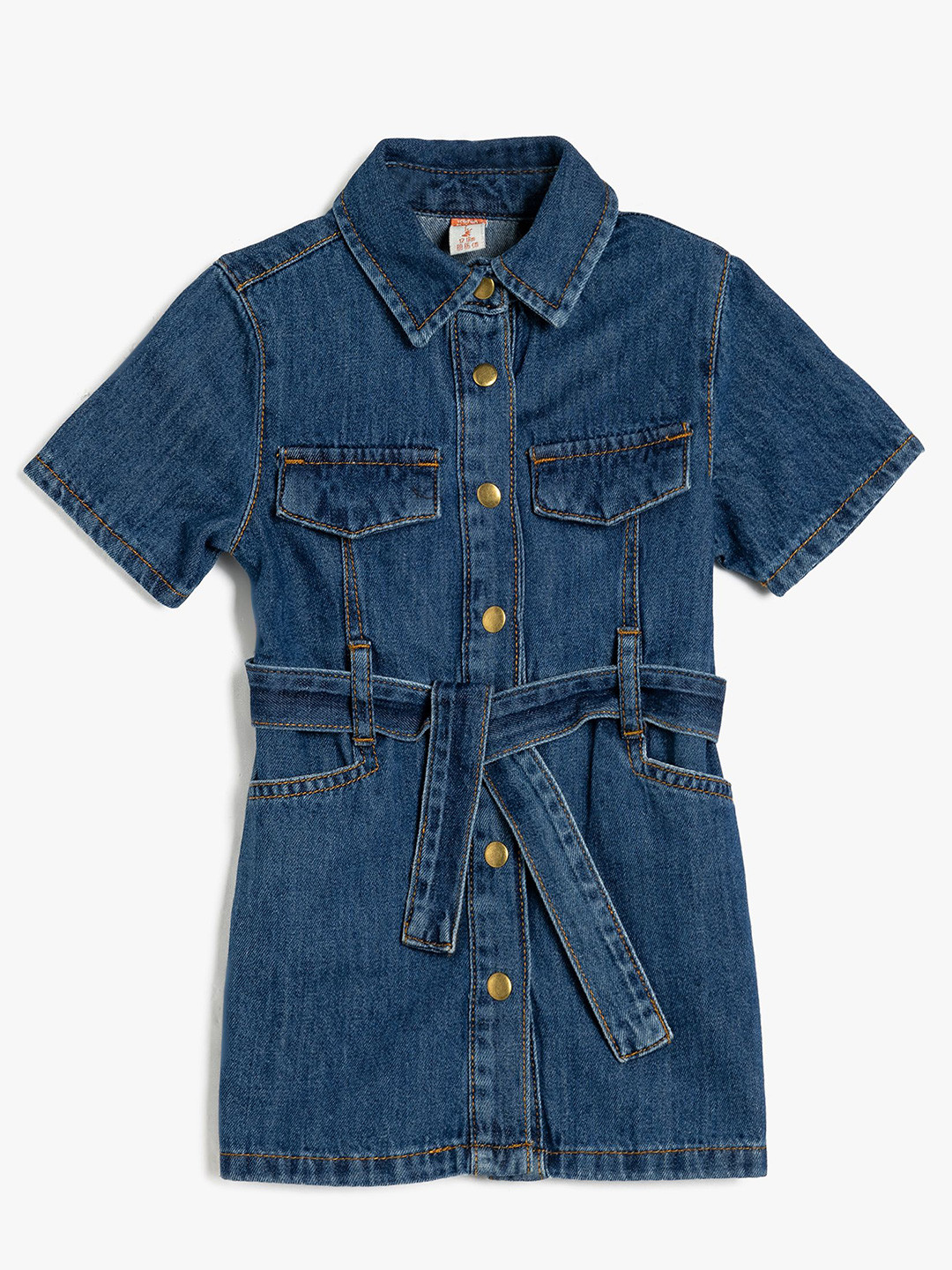 

Koton Girls Shirt Collar Cotton A-Line Denim Dress, Blue