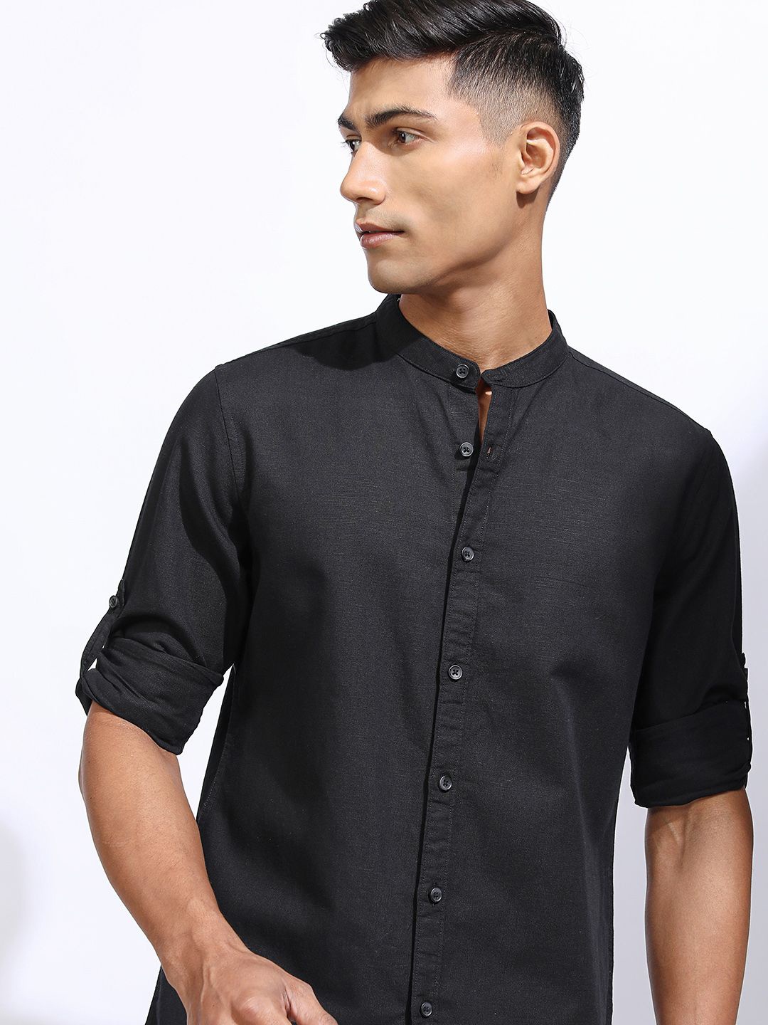 

LOCOMOTIVE Premium Men Cotton Linen Roll-Up Sleeve Casual Regular Fit Shirt, Black