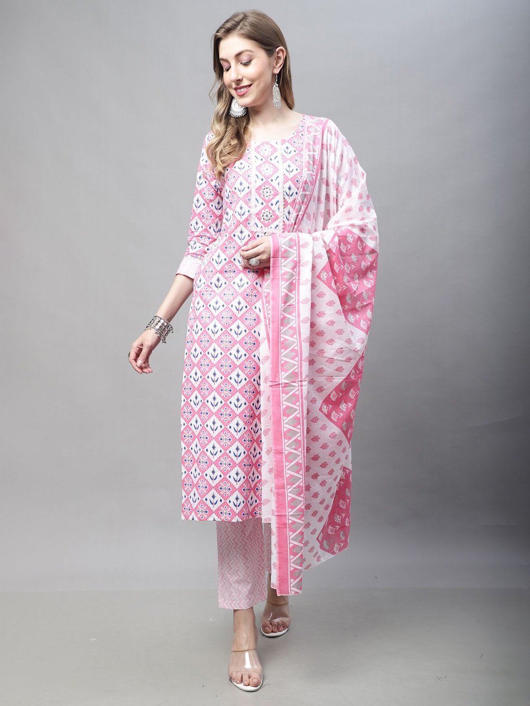 

Roly Poly Women Floral Embroidered Regular Pure Cotton Kurti with Trousers & With Dupatta, Pink