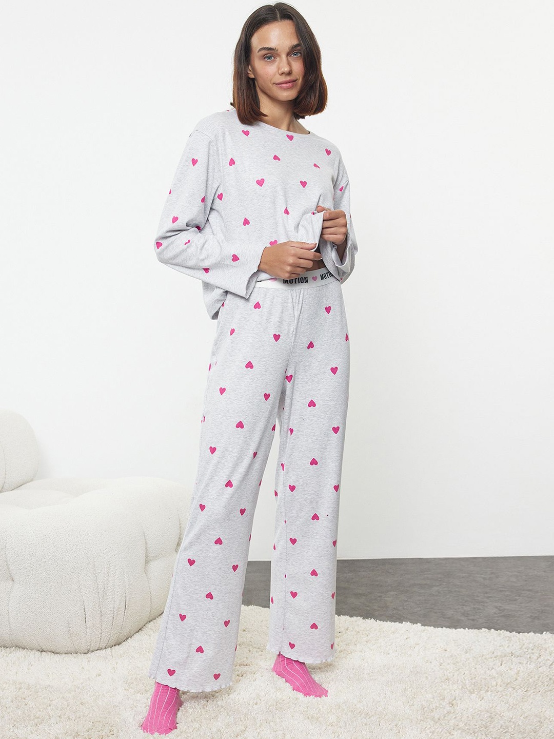 

Trendyol Women Printed Night suit, Grey