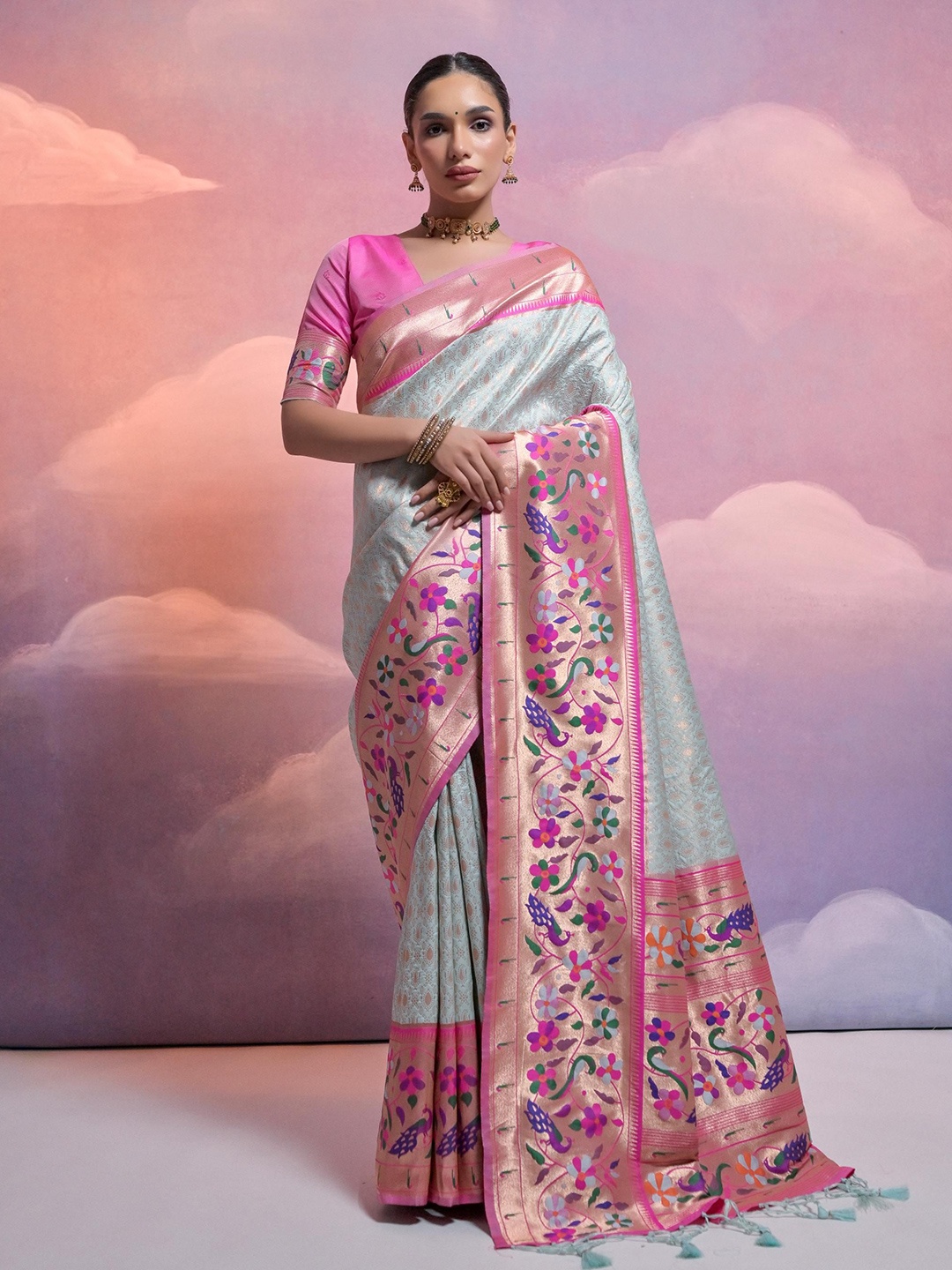 

Jinal & Jinal Woven Design Zari Pure Silk Paithani Saree, Sea green