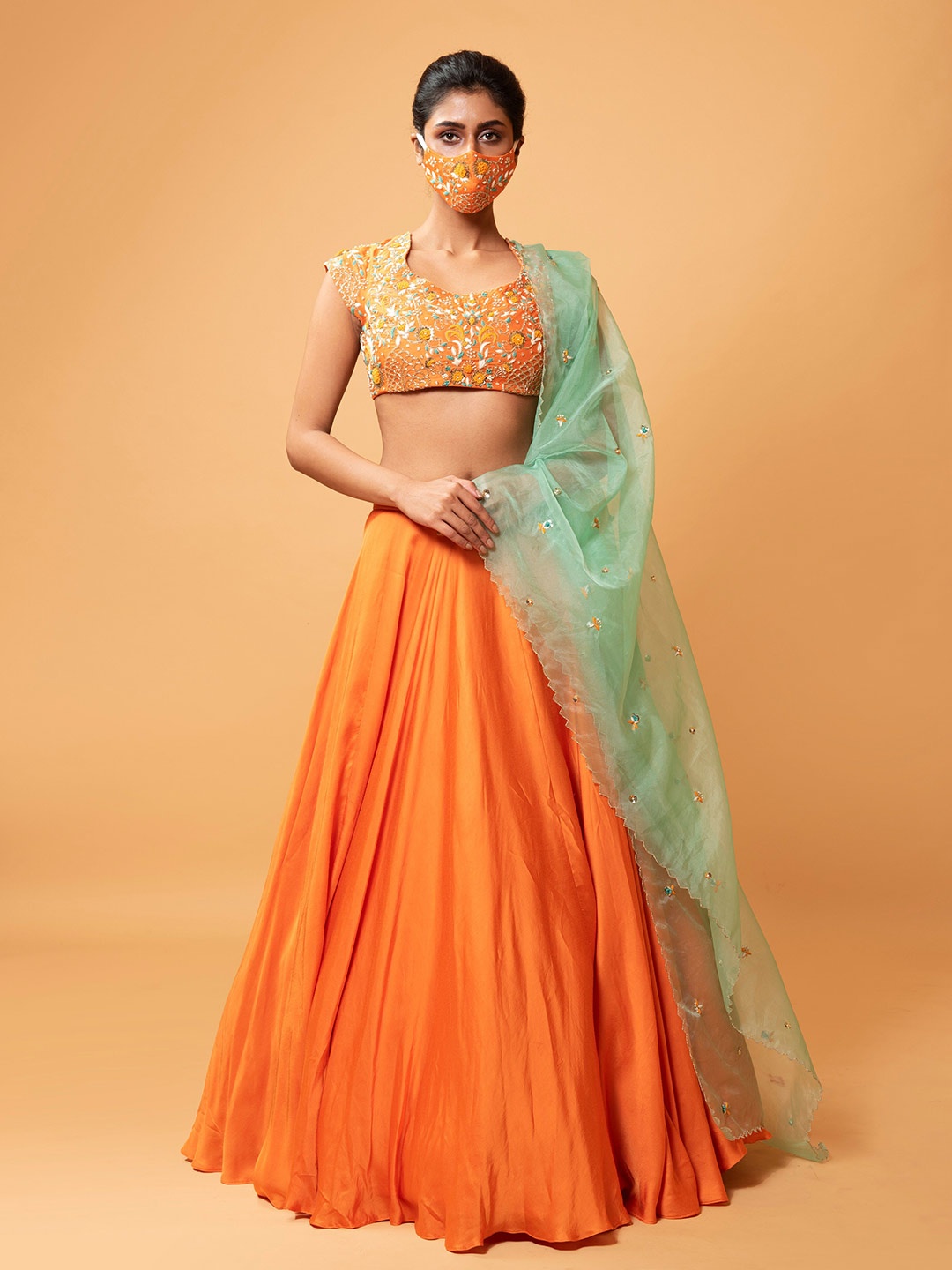 

Quench A Thirst Embroidered Beads and Stones Ready to Wear Lehenga & Blouse With Dupatta, Orange