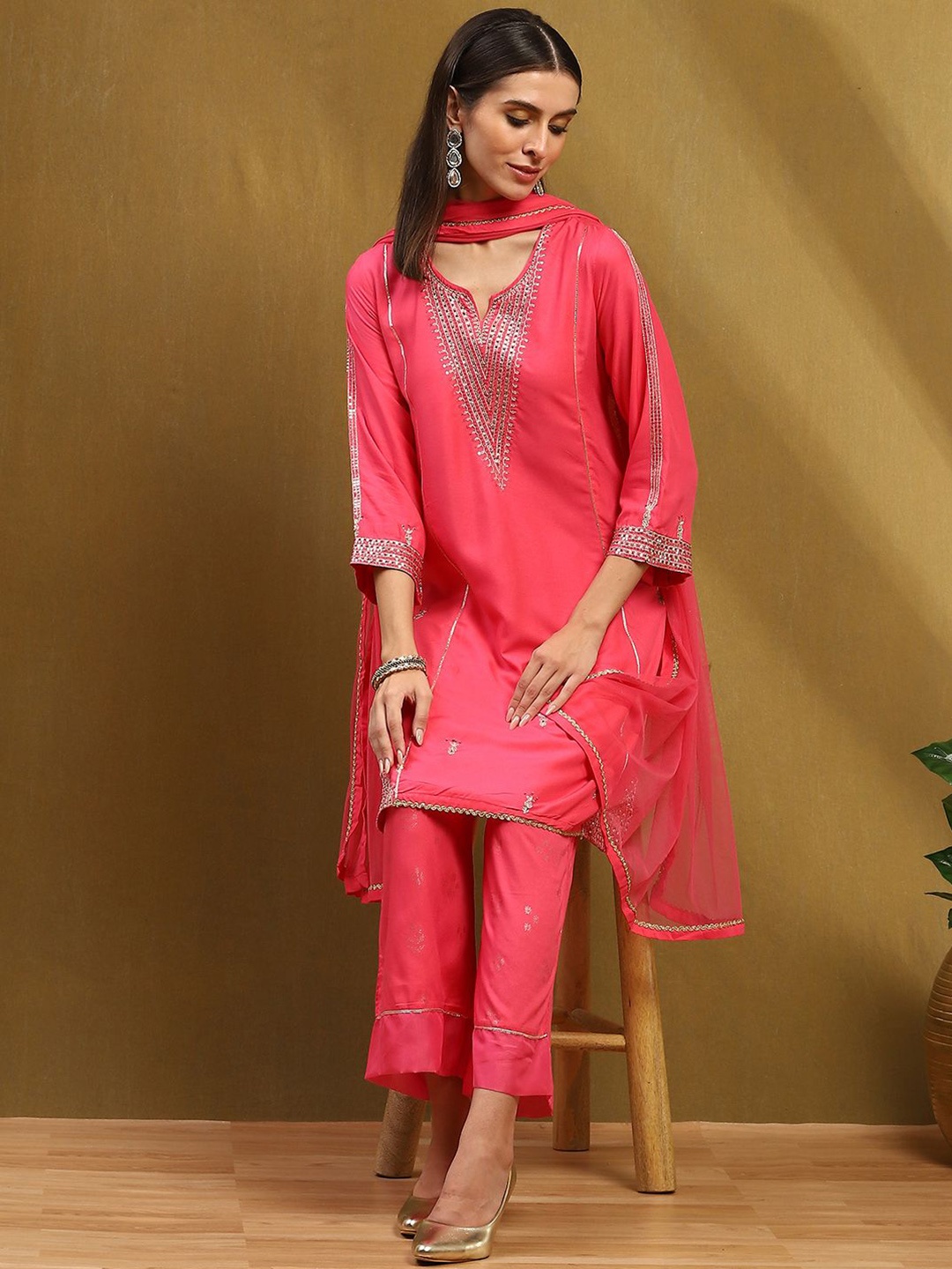 

Biba Women Ethnic Motifs Embroidered Regular Sequinned Kurta with Trousers & With Dupatta, Pink