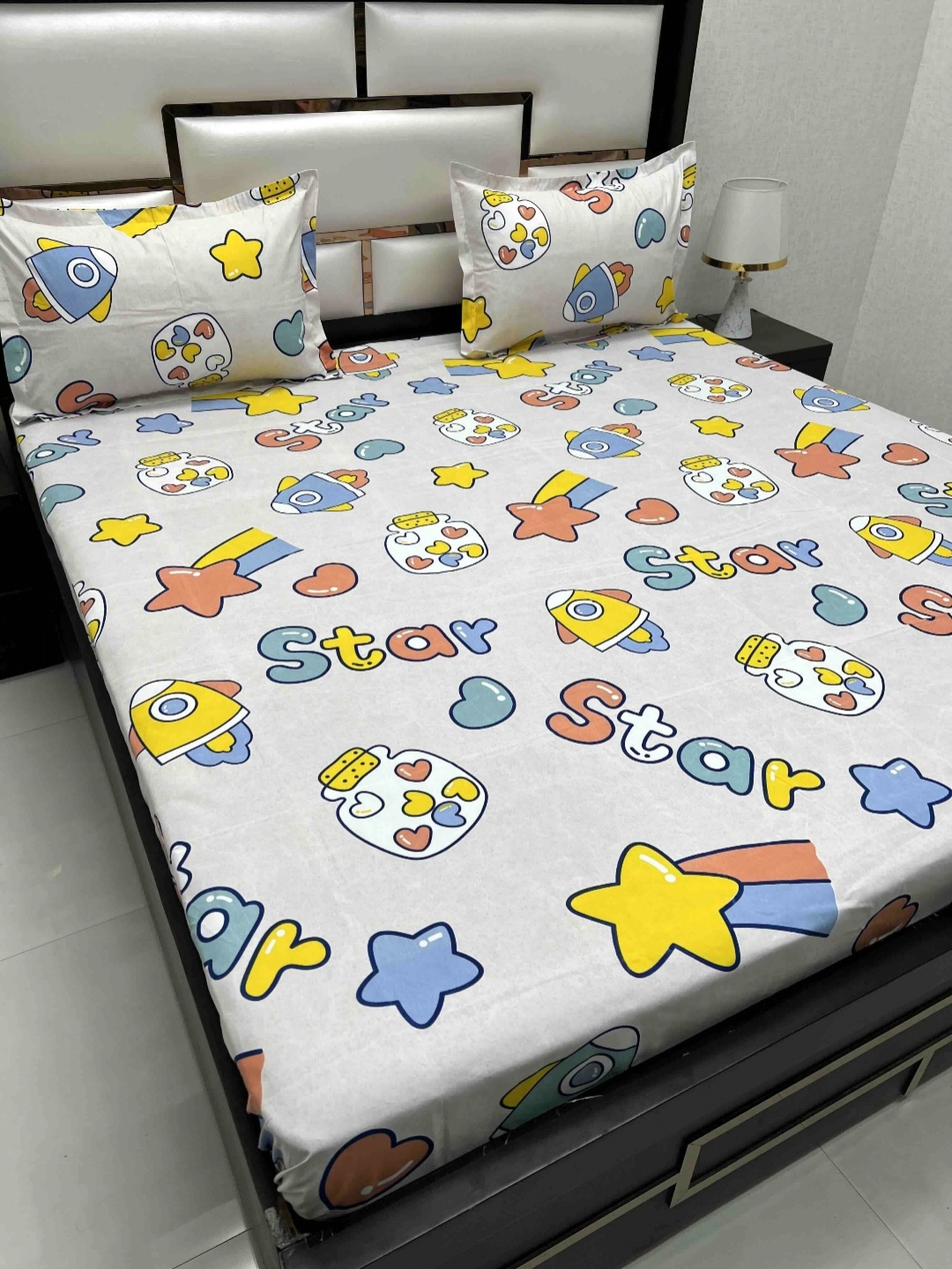 

Pure Decor Kids Grey Cartoons Printed Microfiber 220 TC Queen Bedsheet Set 2.55 m x 2.27 m