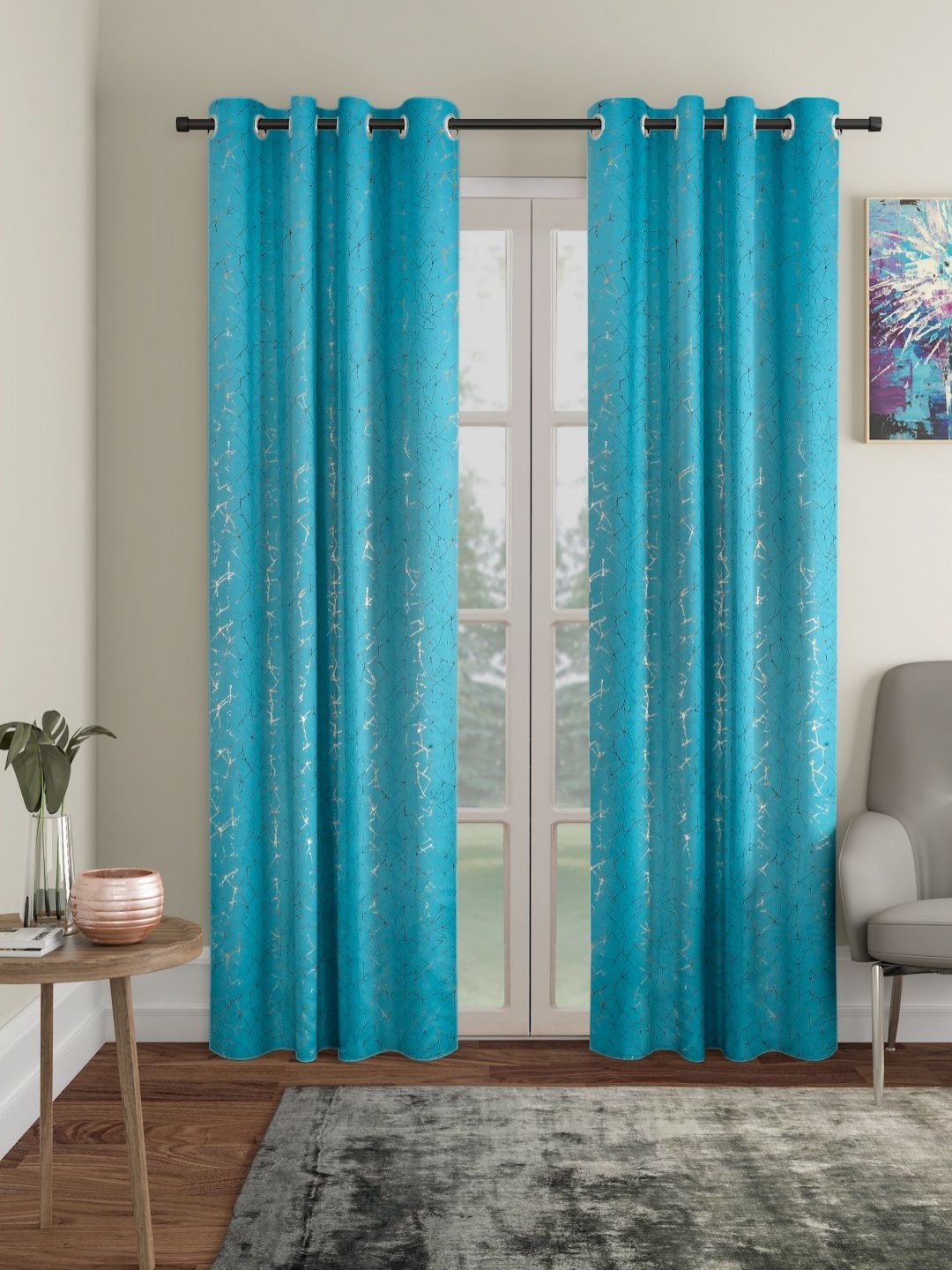 

SOKNACK Set of 2 Turquoise Blue & Gold-Toned Long Door Curtain
